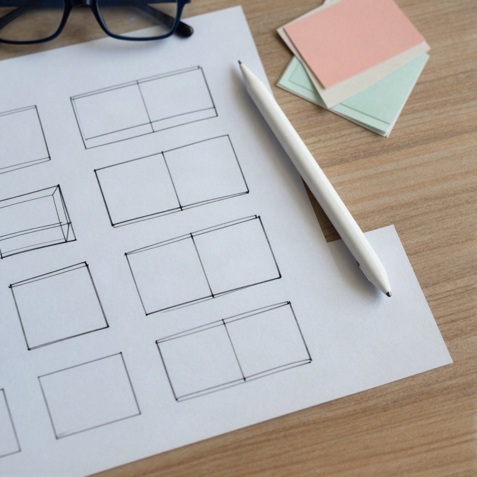 Hand-drawn wireframe sketches on paper with a stylus and colour swatches