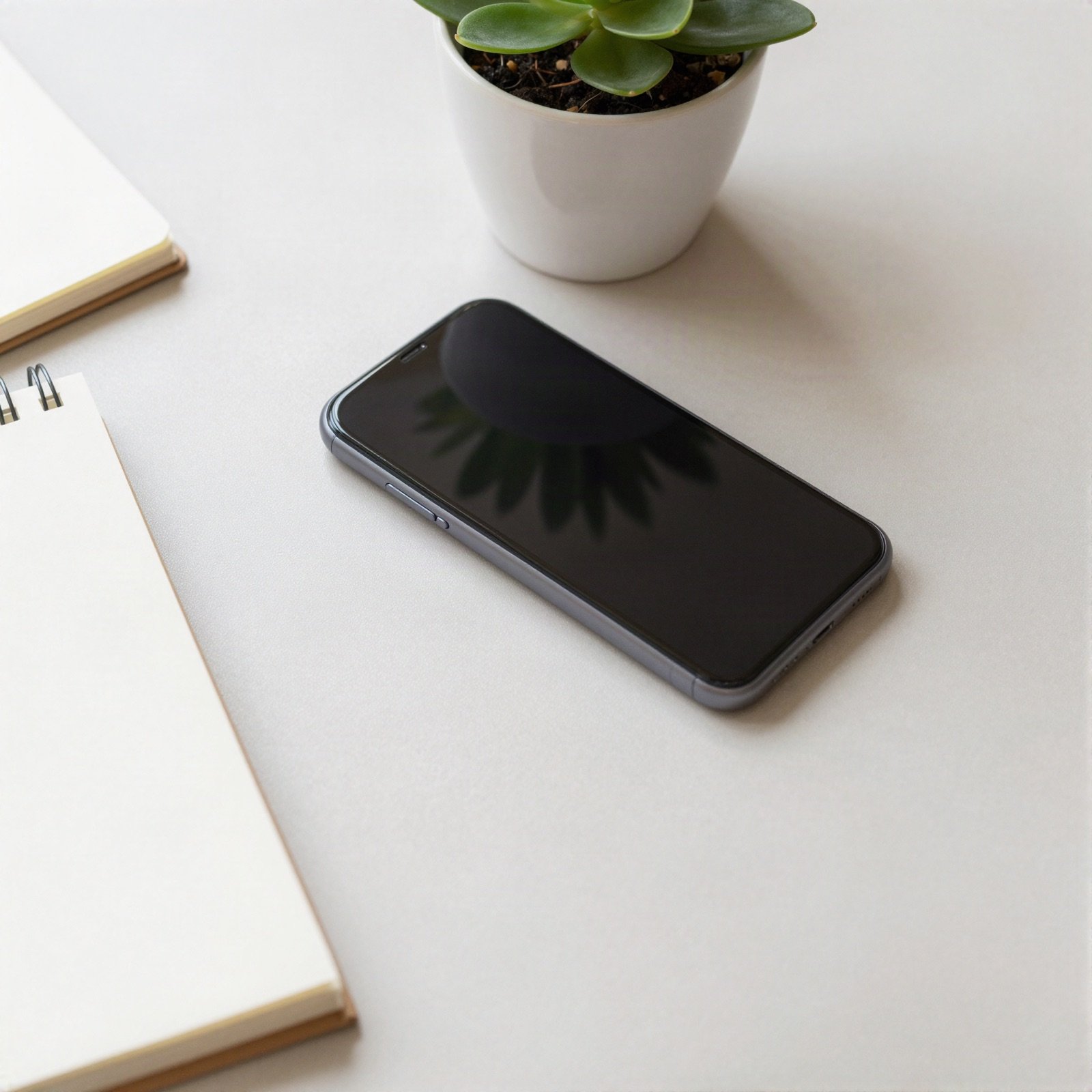 A smartphone beside a notebook and a small plant on a white desk