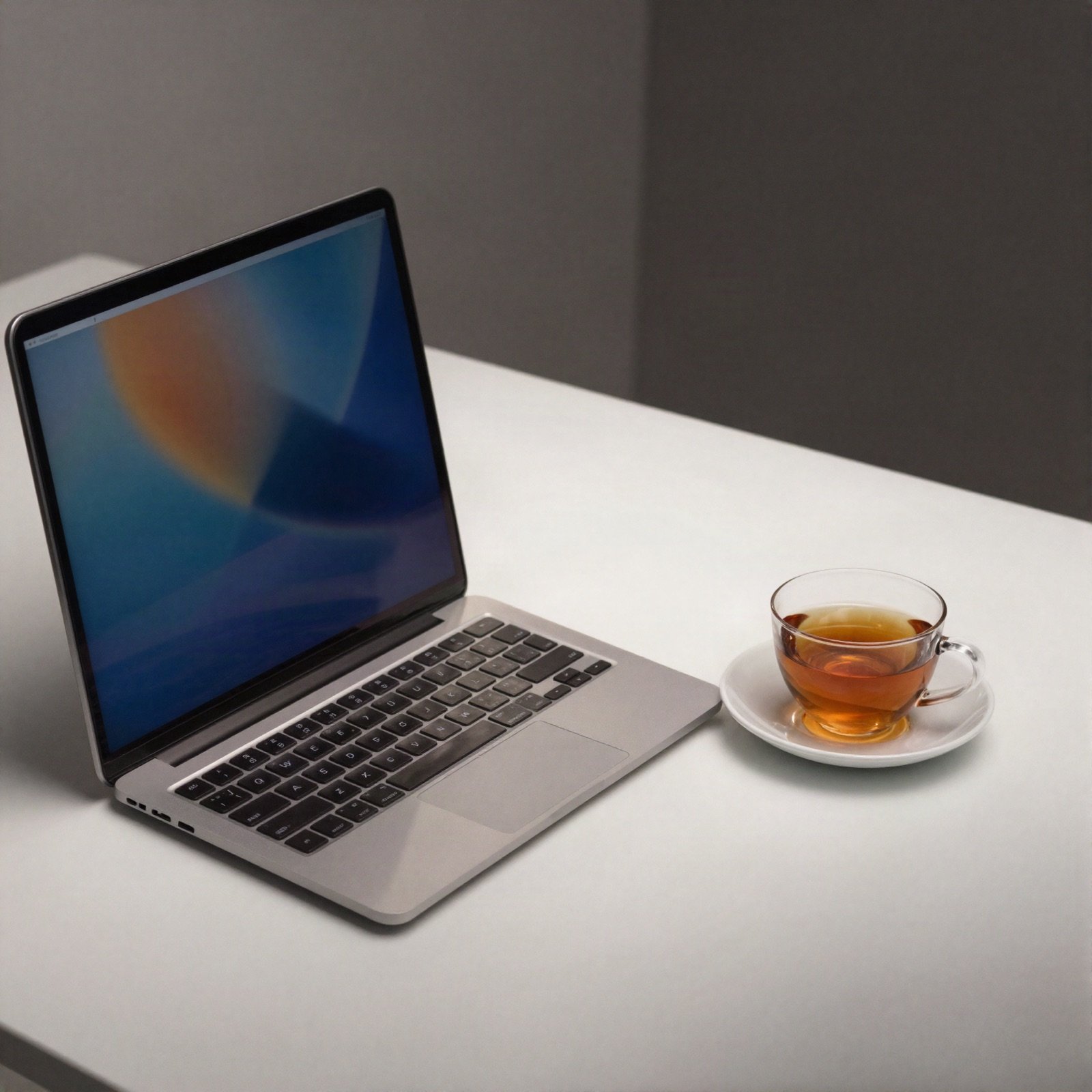 A laptop and a cup of tea on a minimal white desk