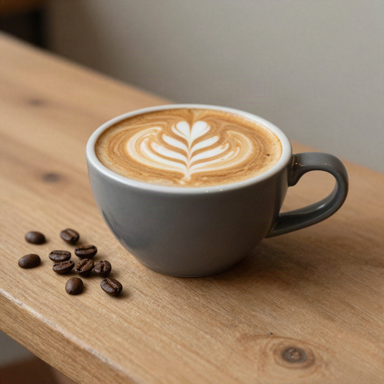 A latte with leaf art in a grey cup on a wooden coffee shop counter
