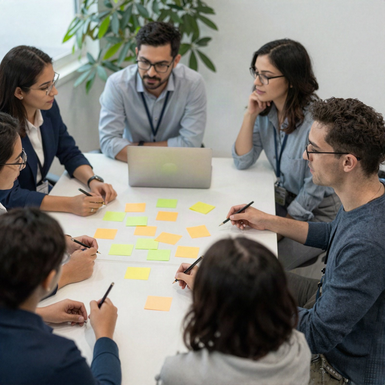 A marketing team brainstorming with sticky notes around an office table