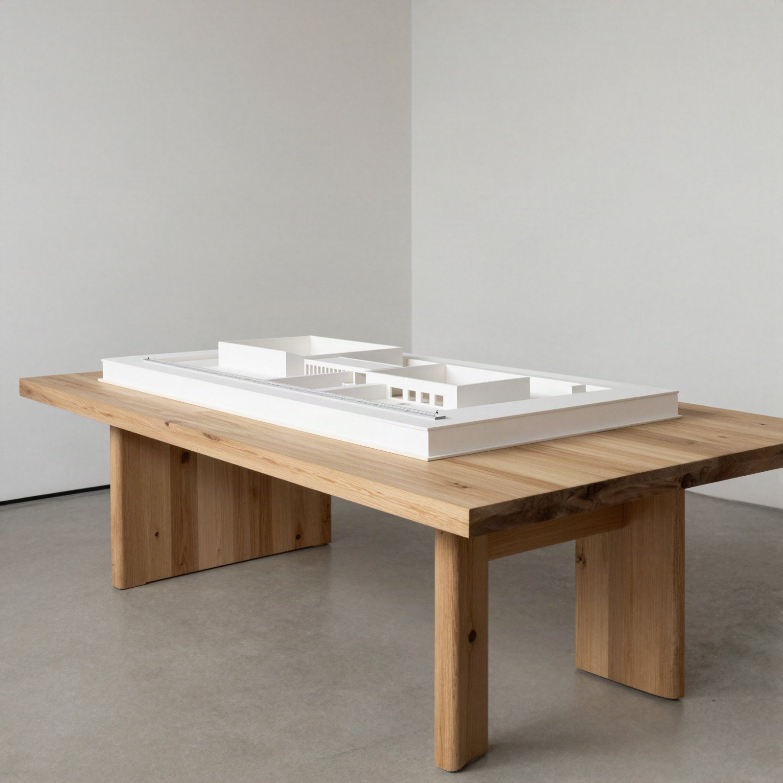 A white architectural scale model on a wooden table in a bright studio
