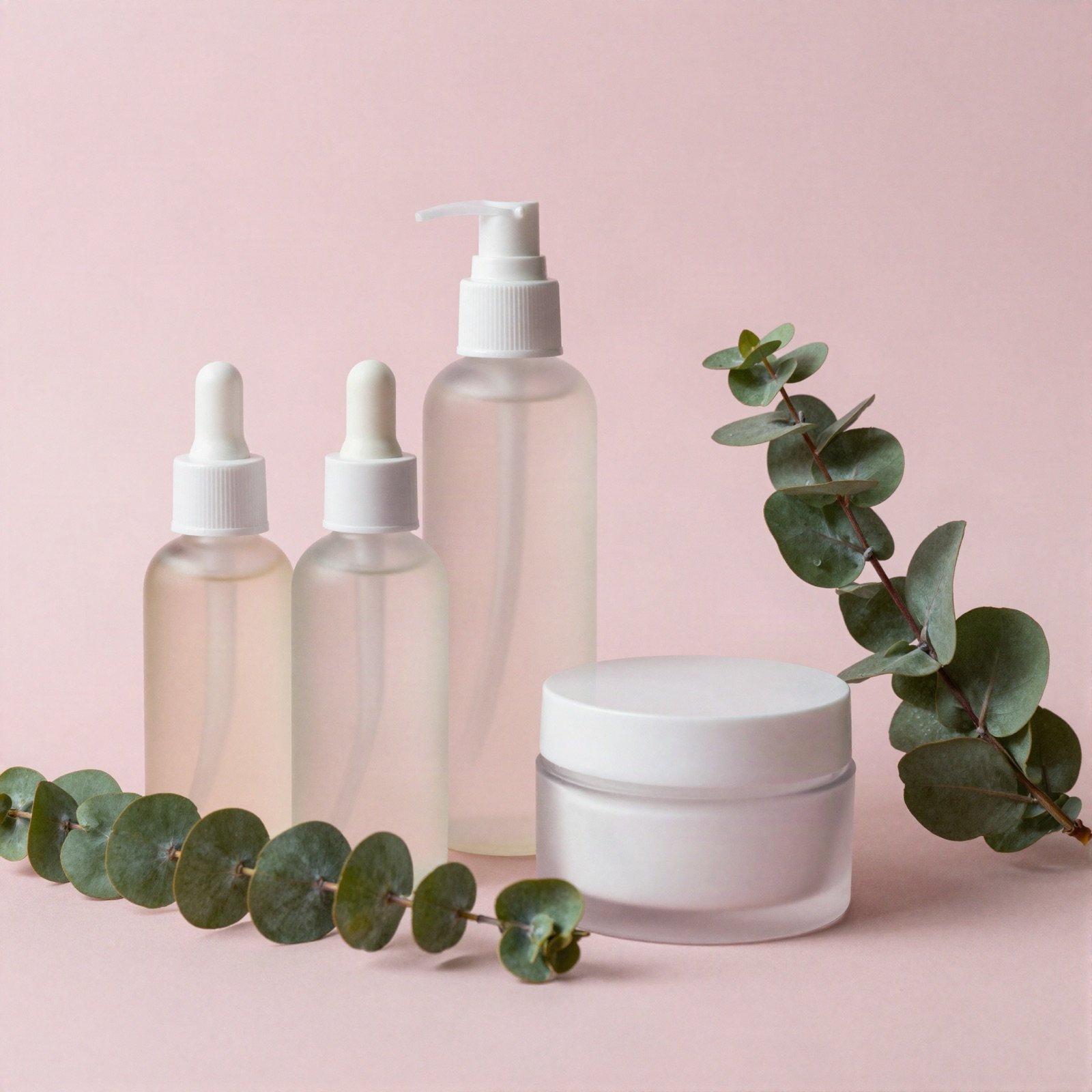 Unlabelled skincare bottles and a jar with eucalyptus on a pink background