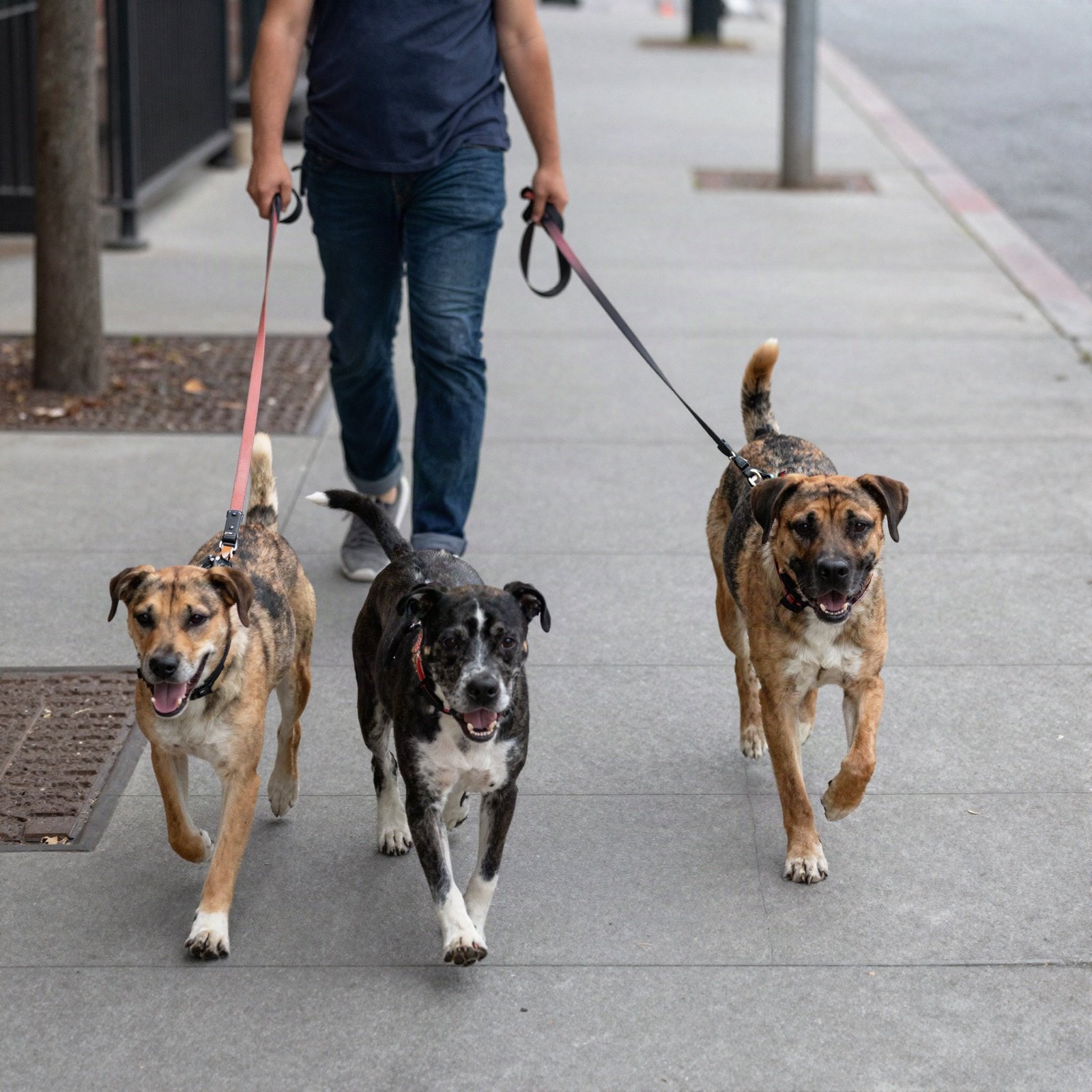 A dog walker on a city sidewalk with three cheerful dogs on leads