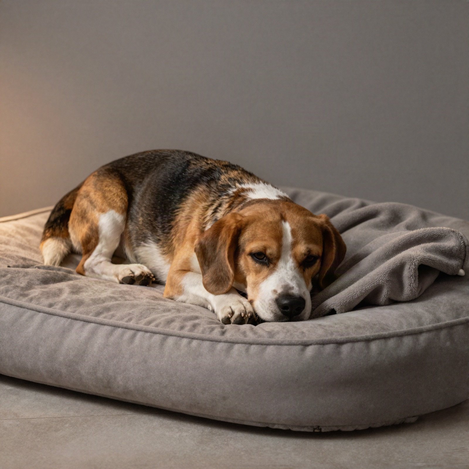 A sleepy beagle curled up on a soft grey dog bed