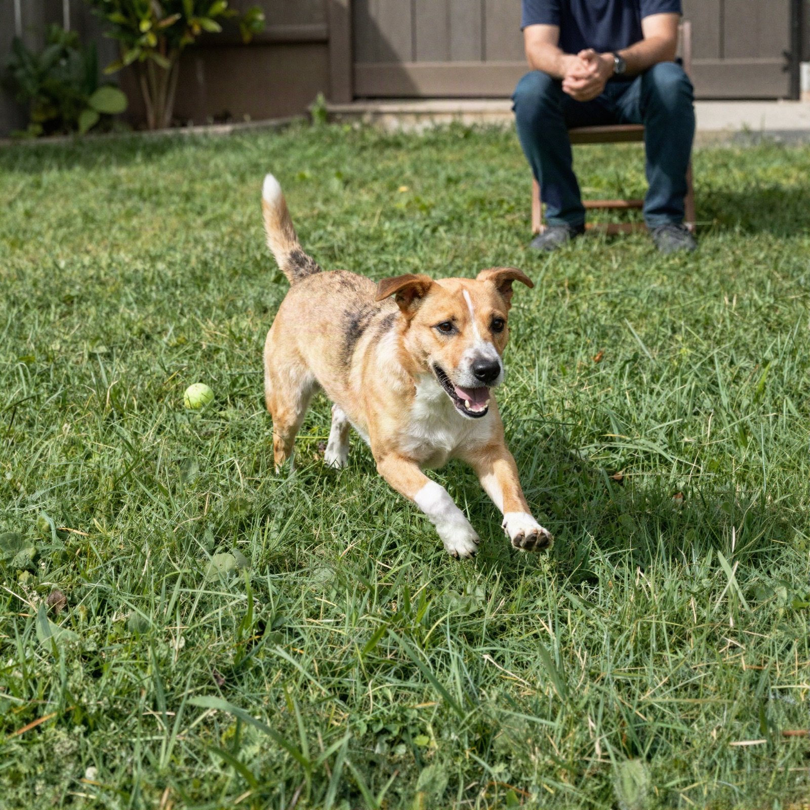 A playful dog running across a backyard lawn toward a tennis ball