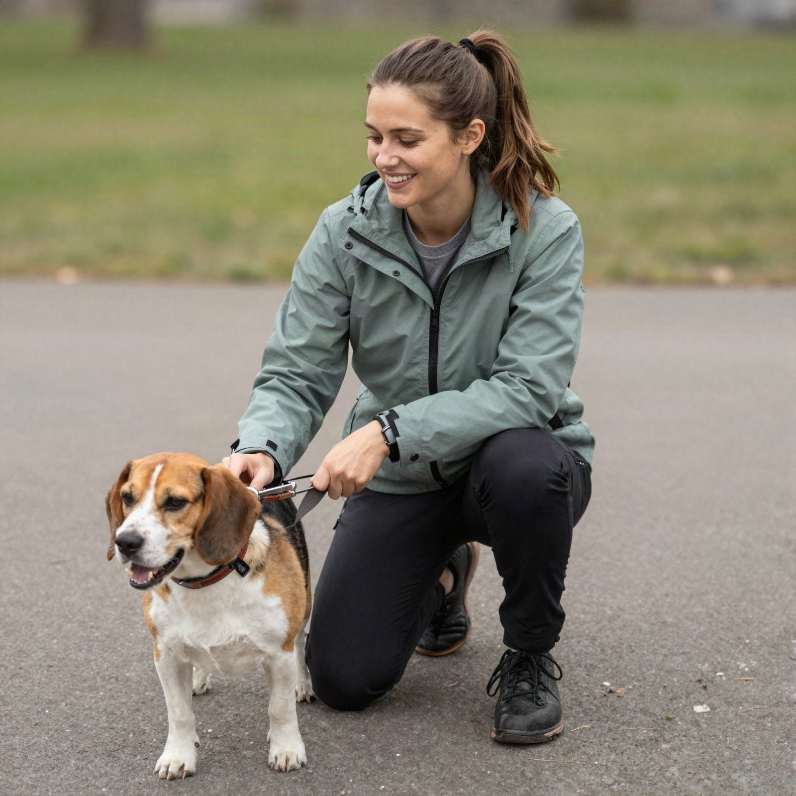 A smiling dog walker in a sage jacket kneeling beside a beagle