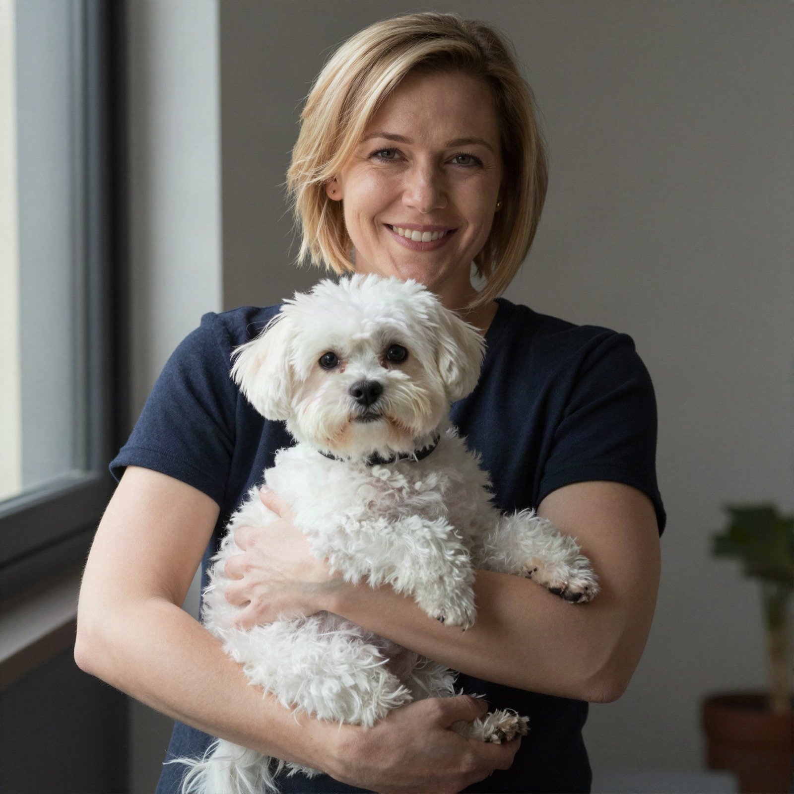 A smiling pet sitter holding a small white fluffy dog