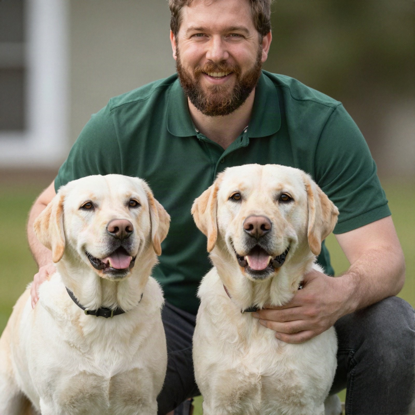 A bearded carer in a green polo shirt with two labradors