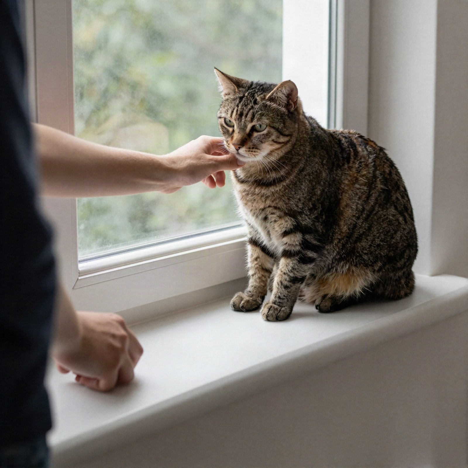 A pet sitter stroking a tabby cat sitting on a windowsill