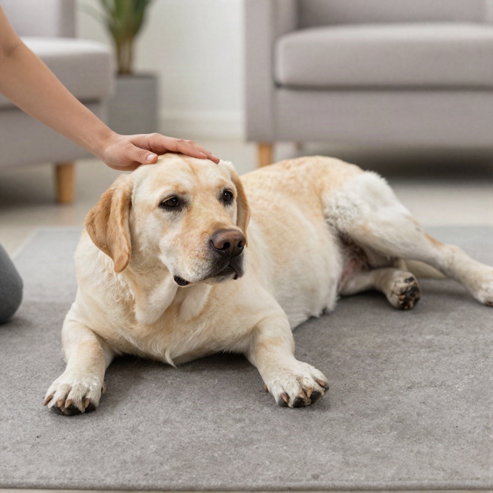A pet minder gently stroking a relaxed labrador lying on a rug