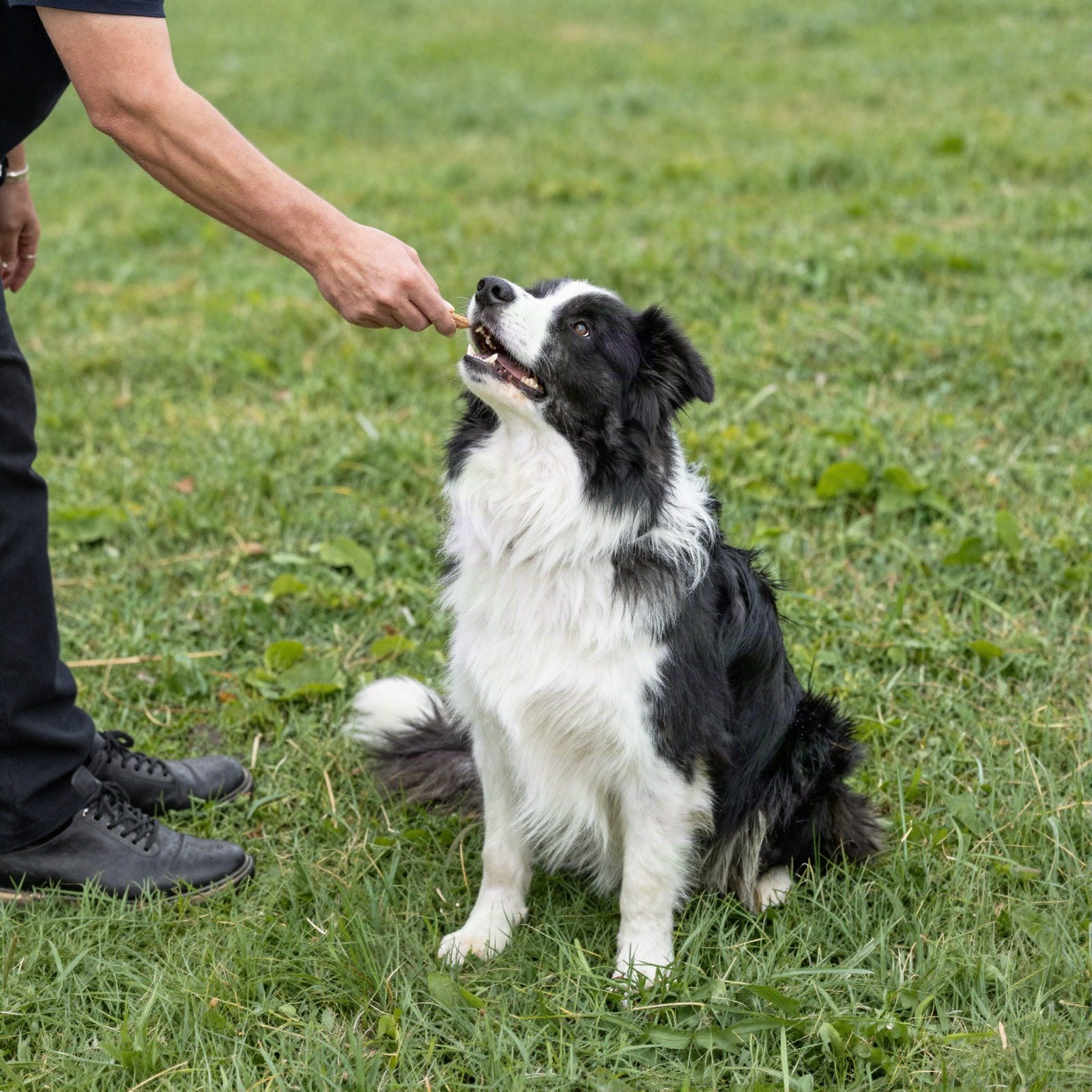 A trainer giving a treat to a sitting border collie on the grass
