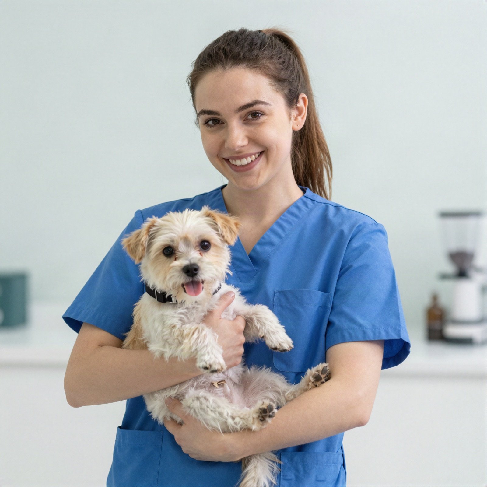 Pet sitter Maysoon Rabadi holding a small fluffy dog