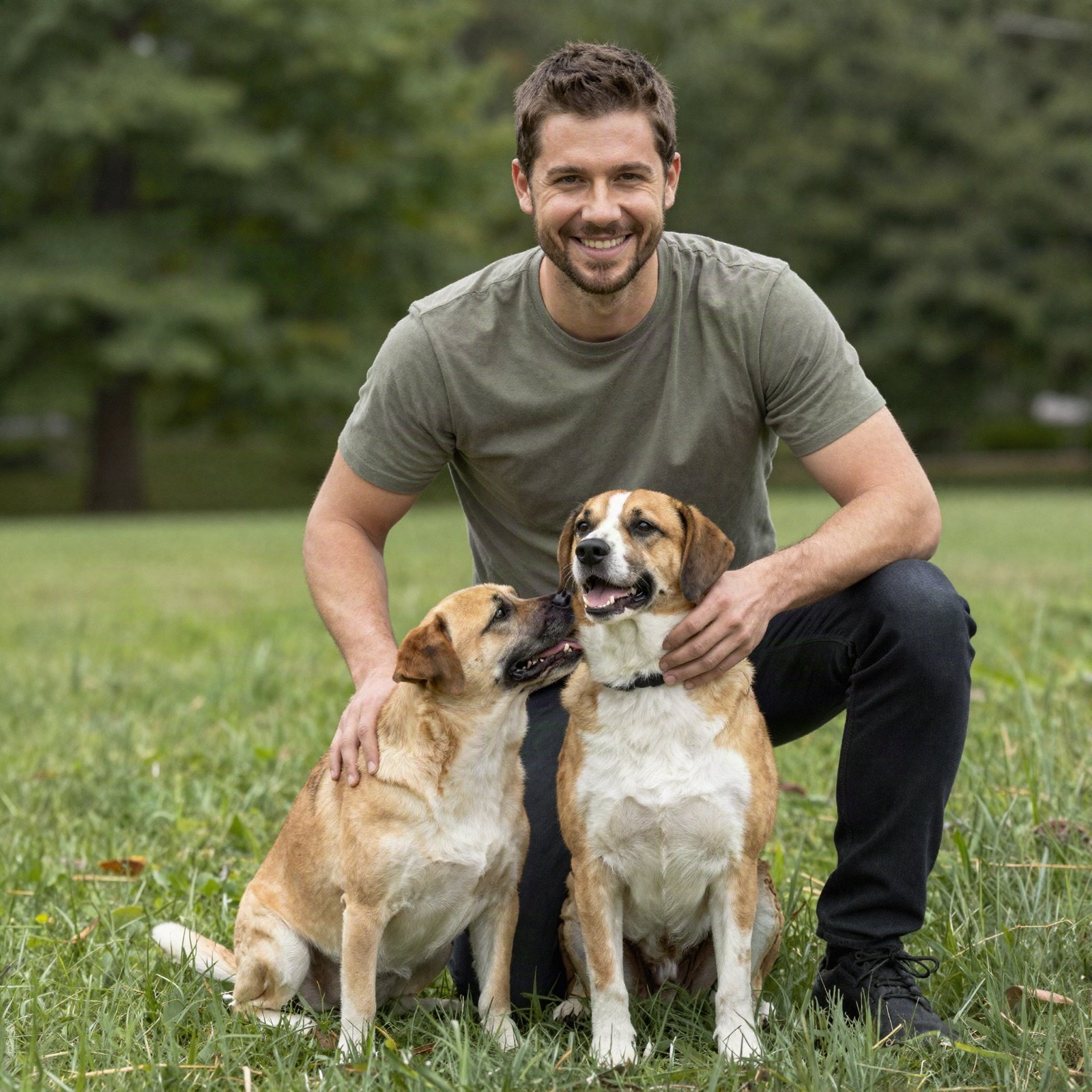 Dog trainer Kareem Hamdan kneeling in a park with two dogs