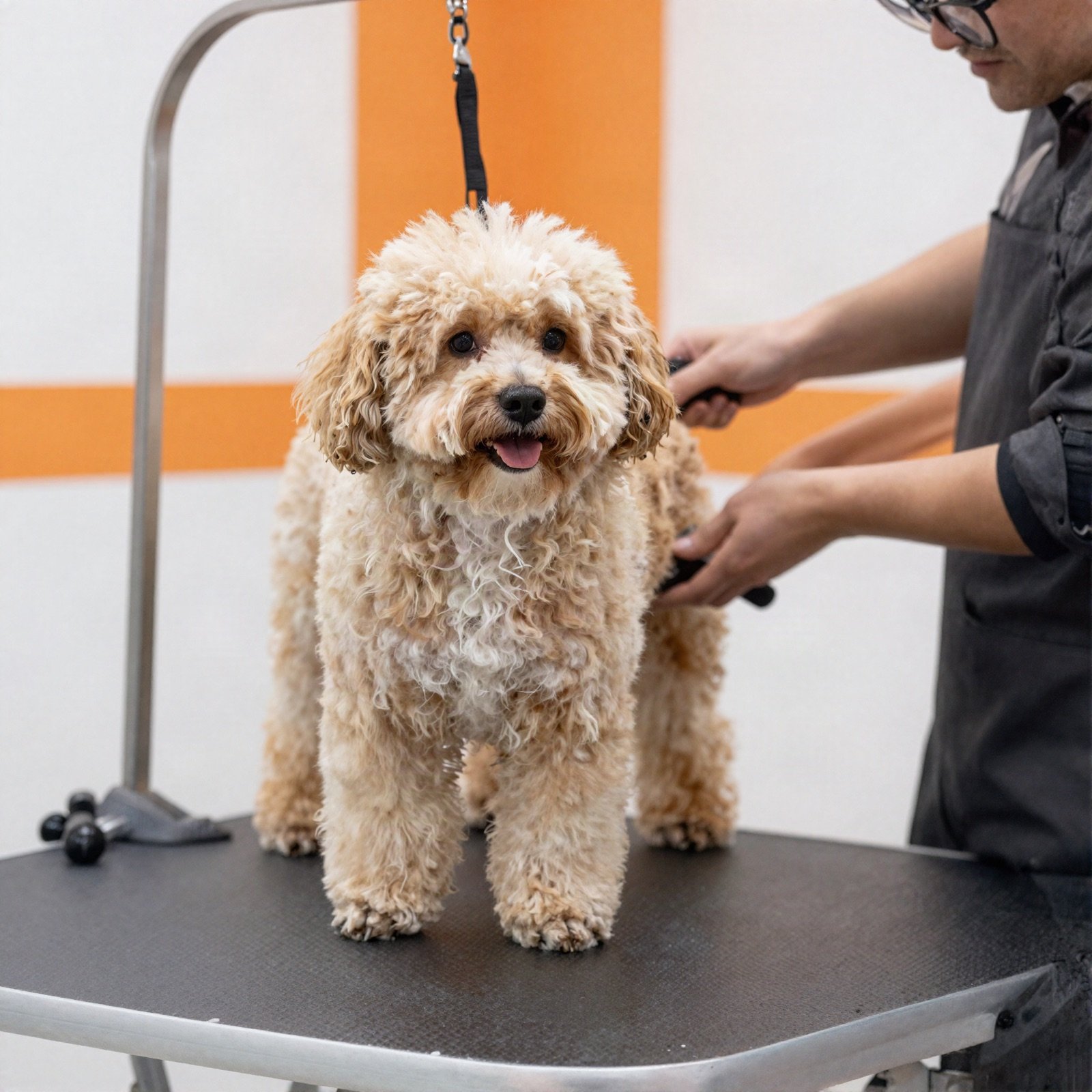 Curly dog being brushed on a grooming table