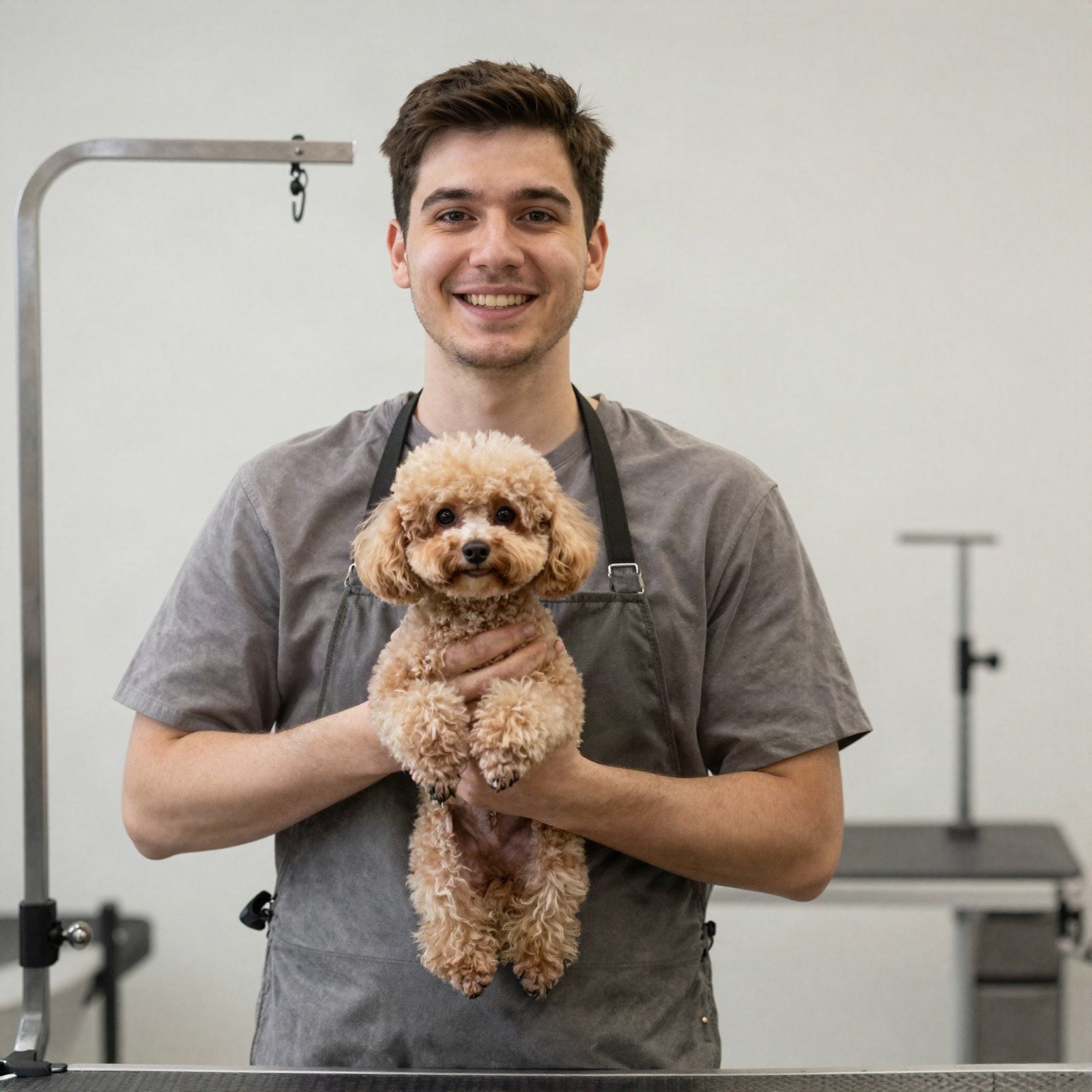 Groomer Anas Salah holding a freshly groomed poodle
