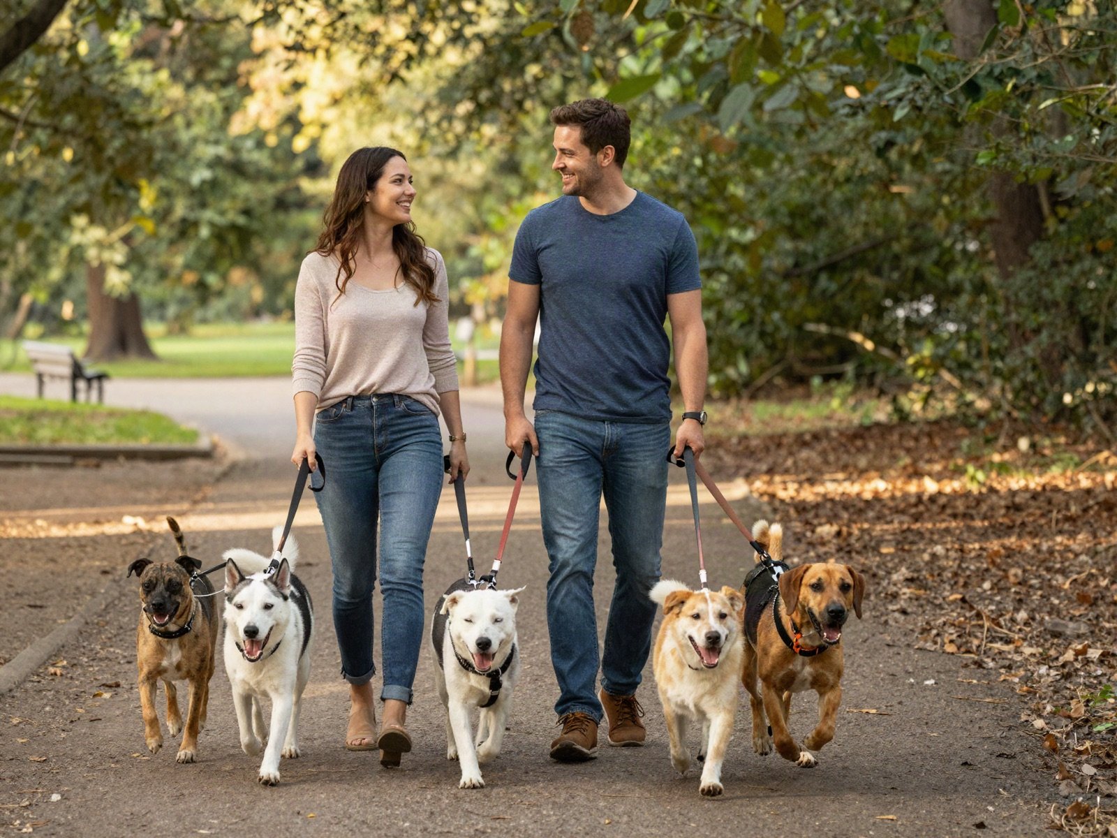 Couple walking five dogs along a leafy park path