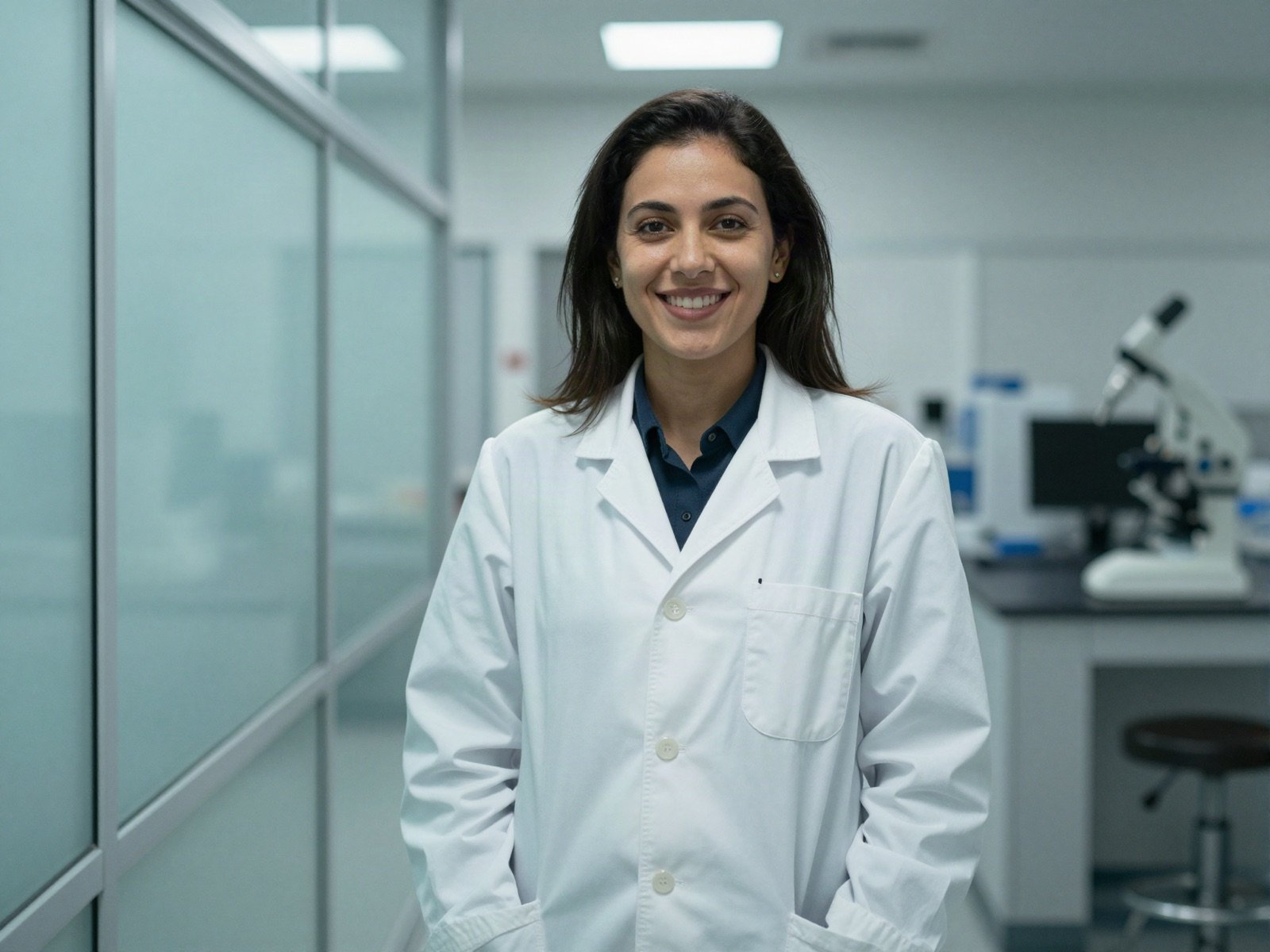 امرأة مبتسمة بمعطف مختبر أبيض تقف في ممر المختبر