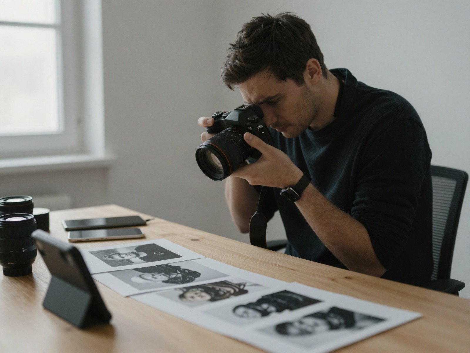 A photographer checking a shot on his camera at a desk covered with black and white prints and lenses