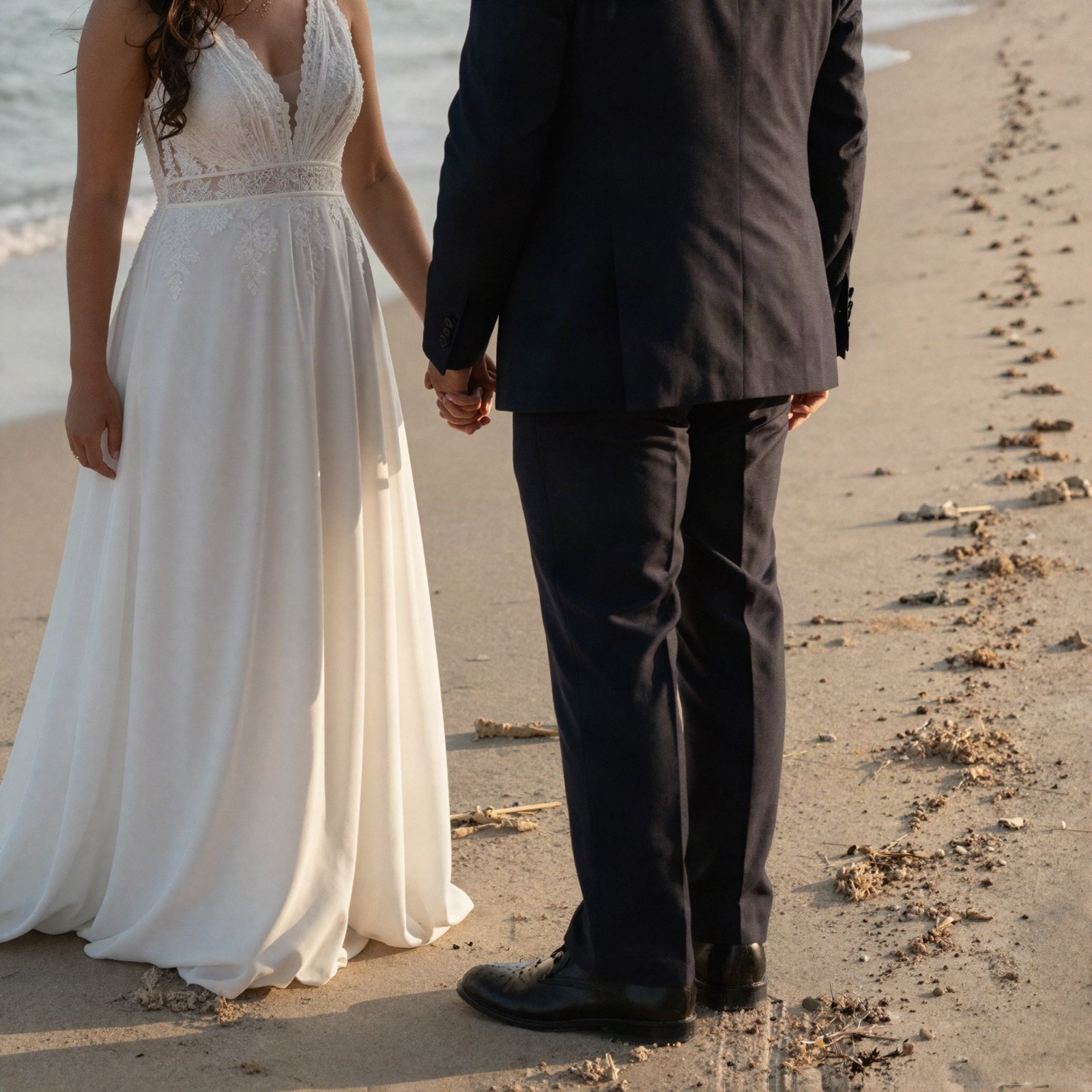 A bride and groom holding hands on a sandy beach in warm evening light