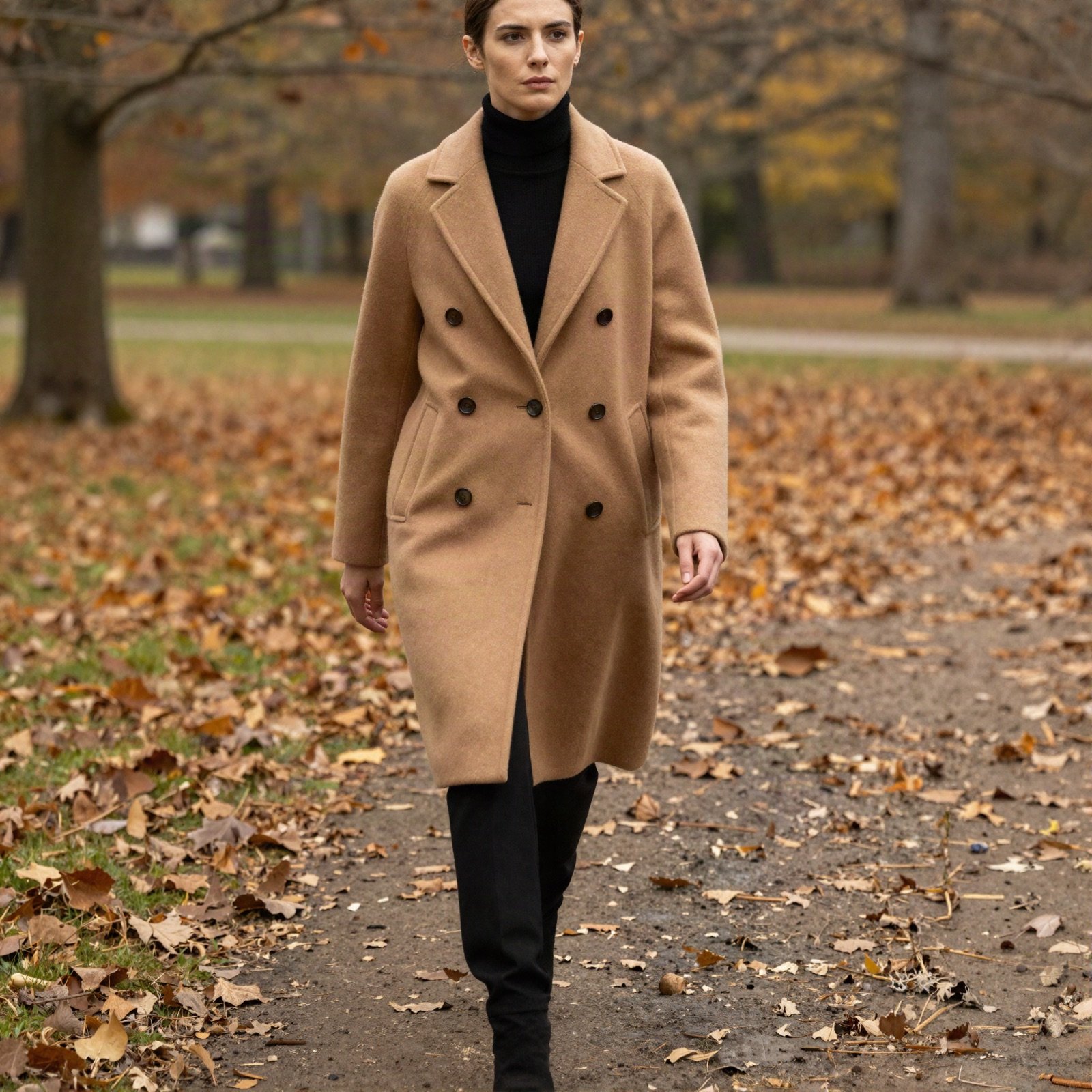 A model in a camel wool coat walking along a park path covered in autumn leaves