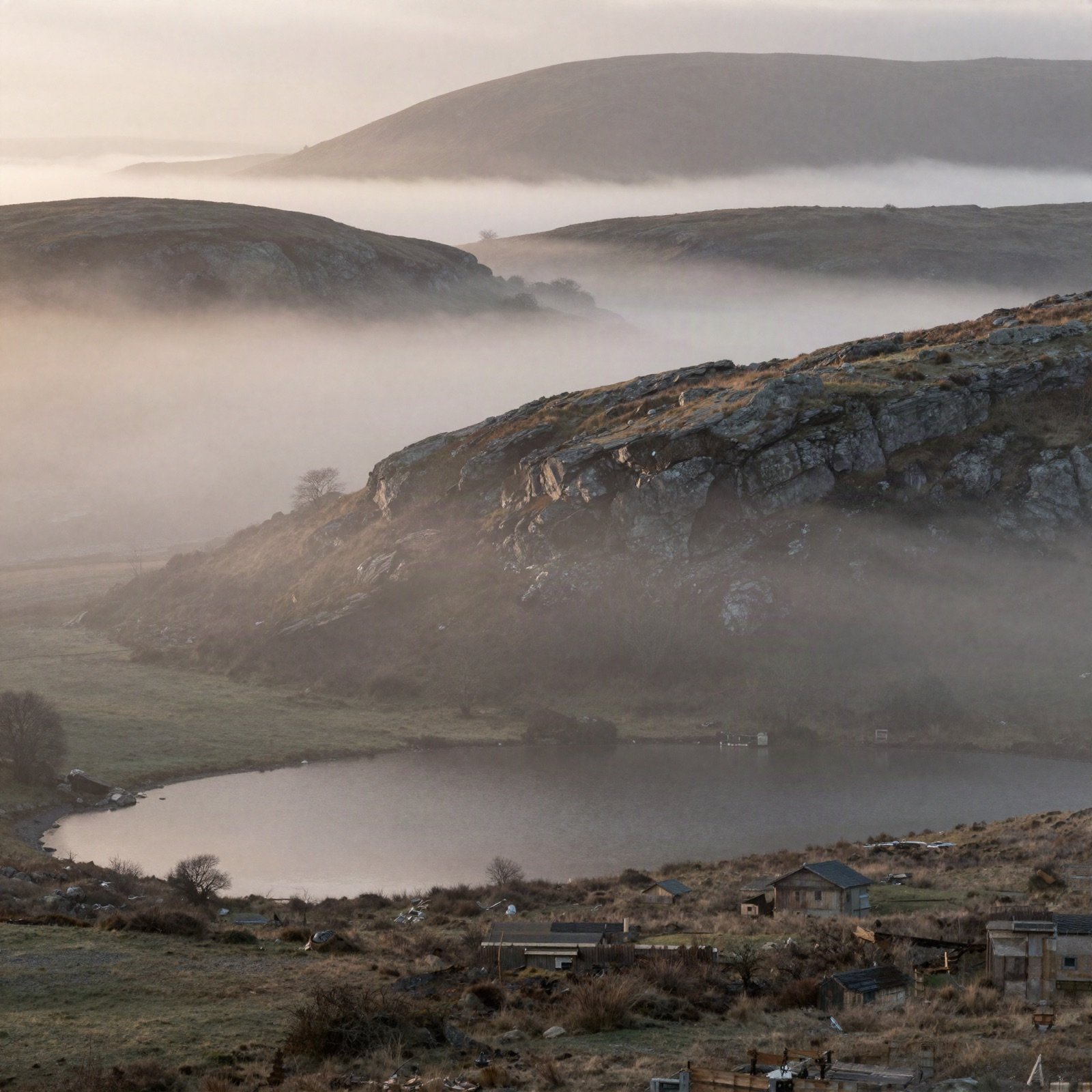 Misty highland hills around a quiet lake at sunrise