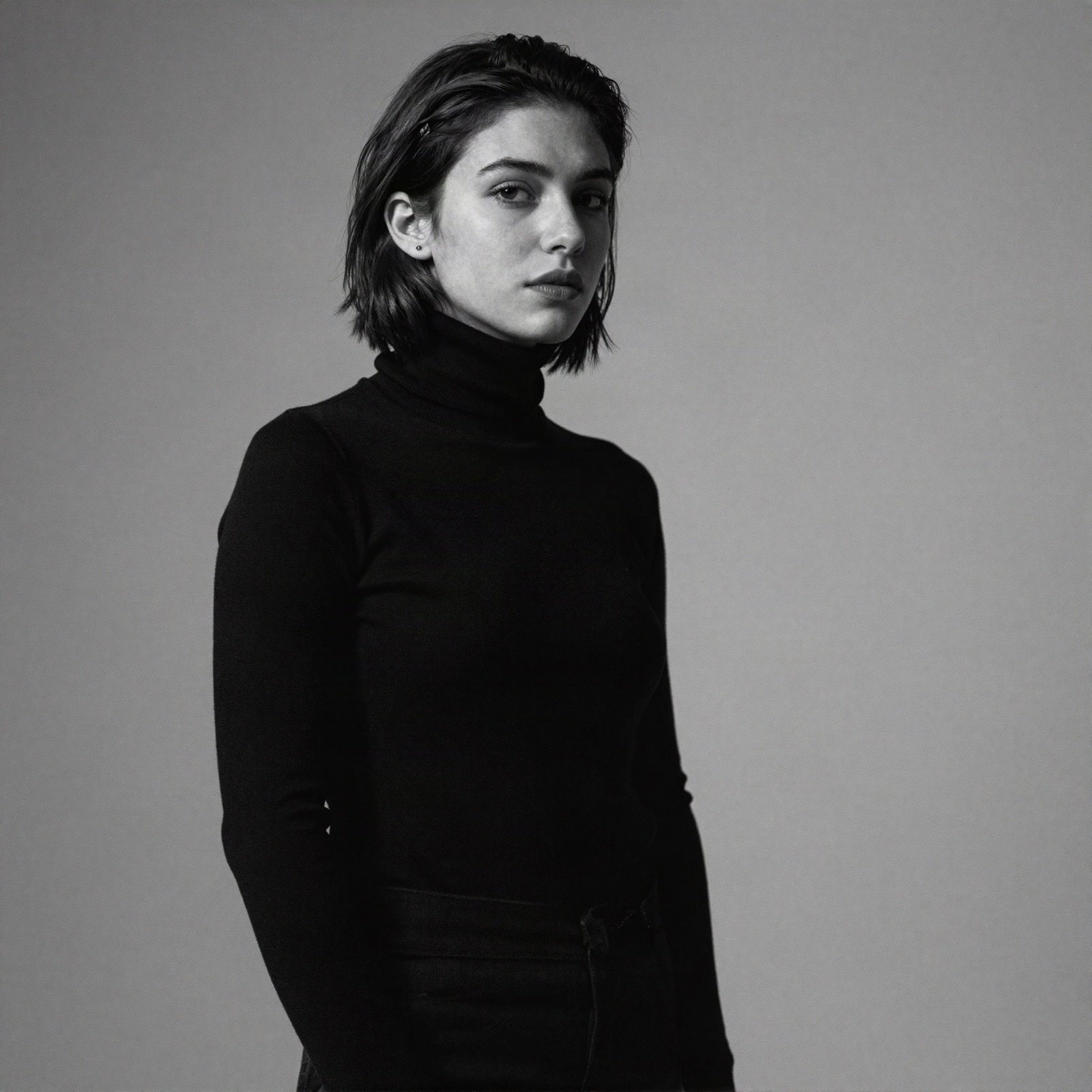 Black and white studio portrait of a young woman in a black turtleneck