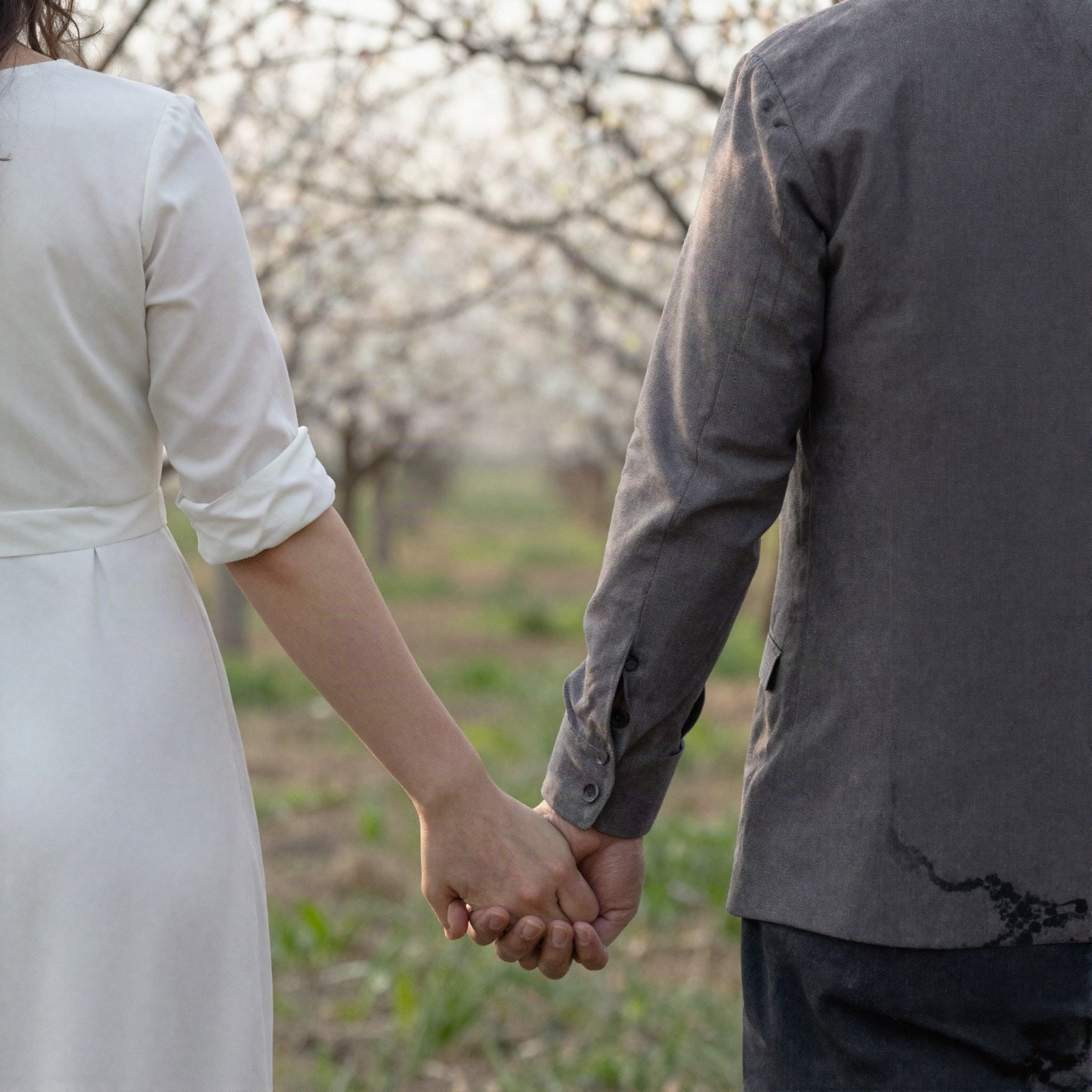 An engaged couple holding hands in a blossoming orchard