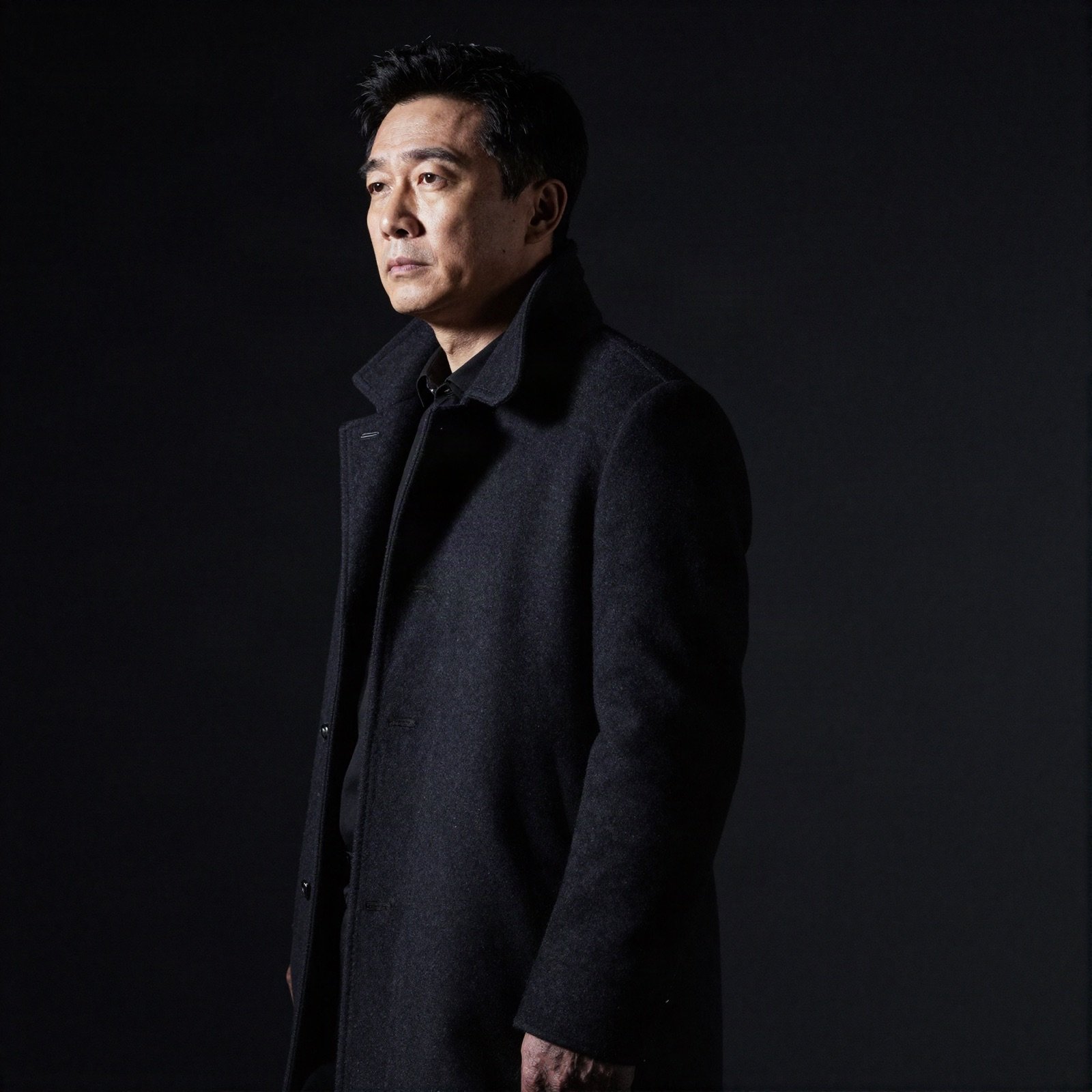 A man in a dark coat lit by dramatic side light against a black backdrop