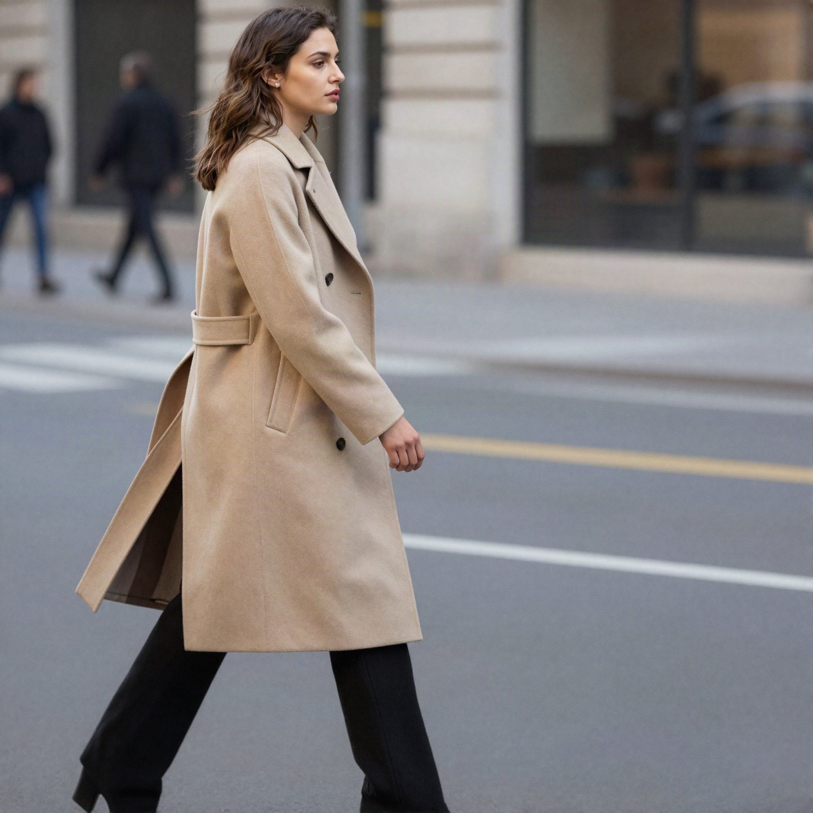 A woman in a long beige coat walking across a city street