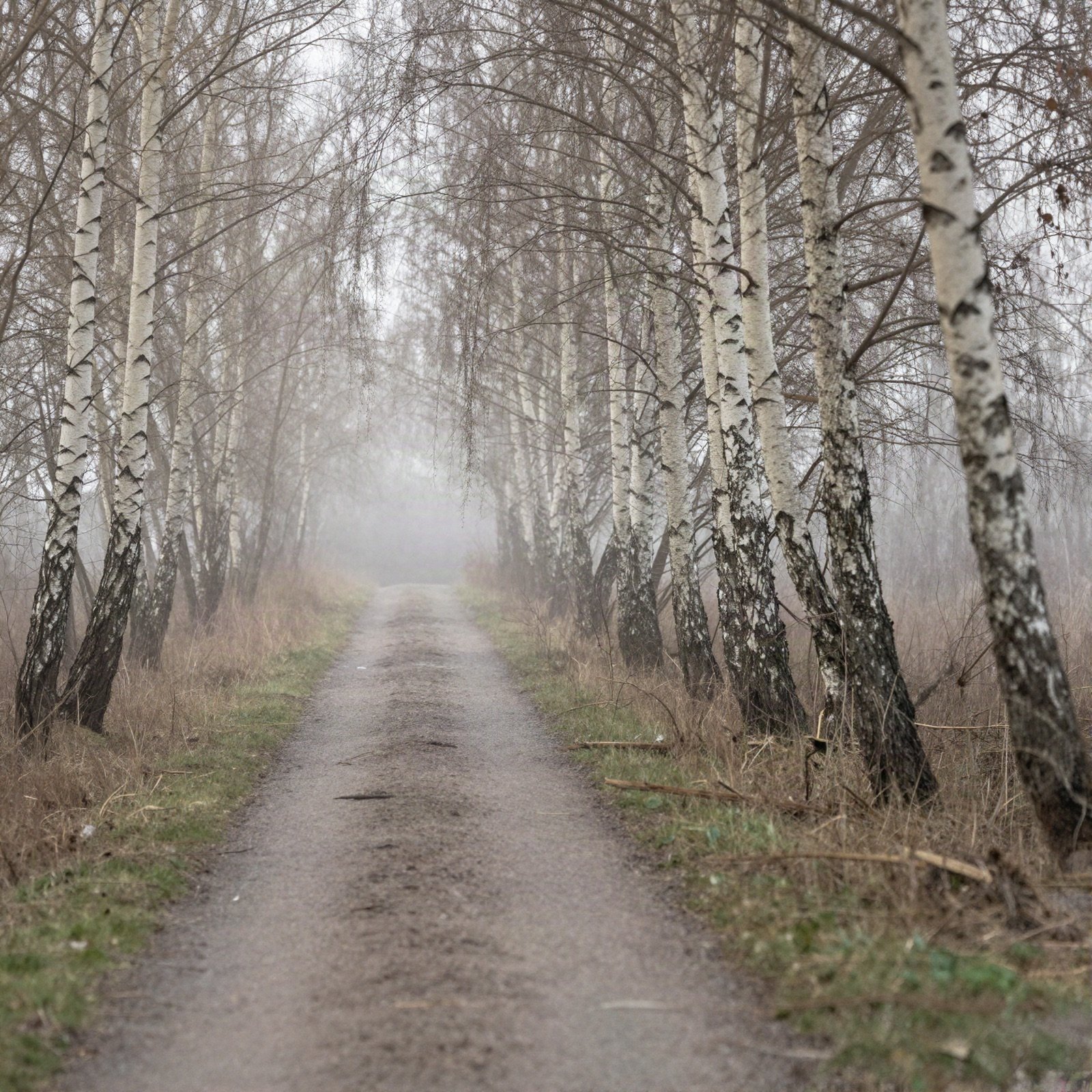 A foggy dirt path between birch trees