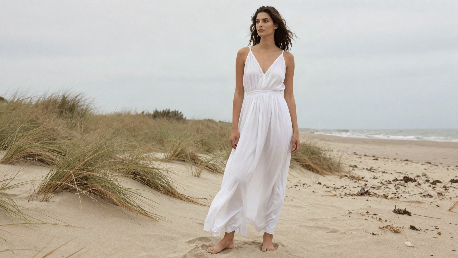 A model in a flowing white dress on windswept coastal dunes