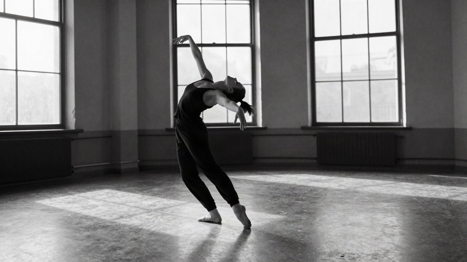 Black and white photo of a dancer in a sunlit loft studio