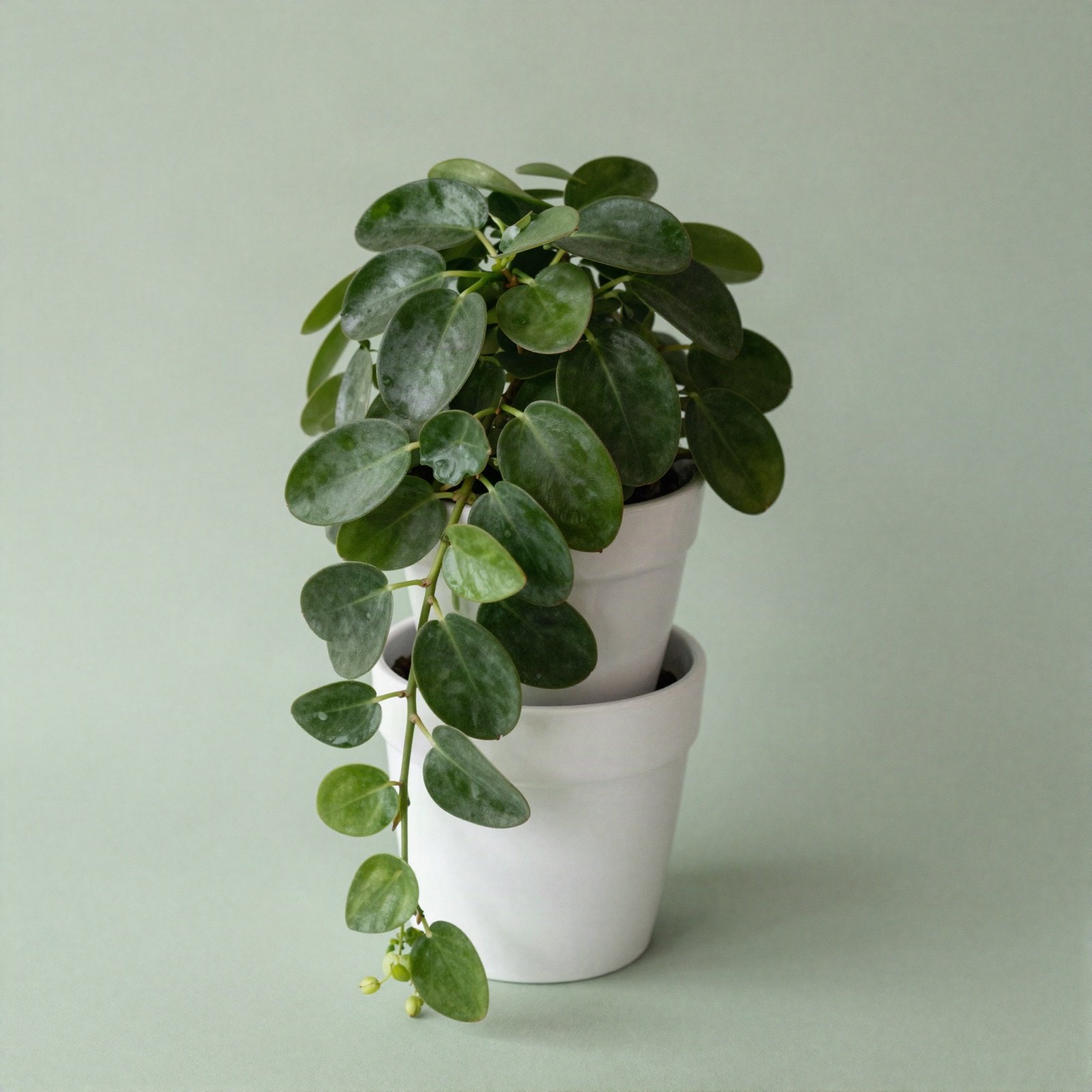 A trailing hoya with round green leaves in a white ceramic pot