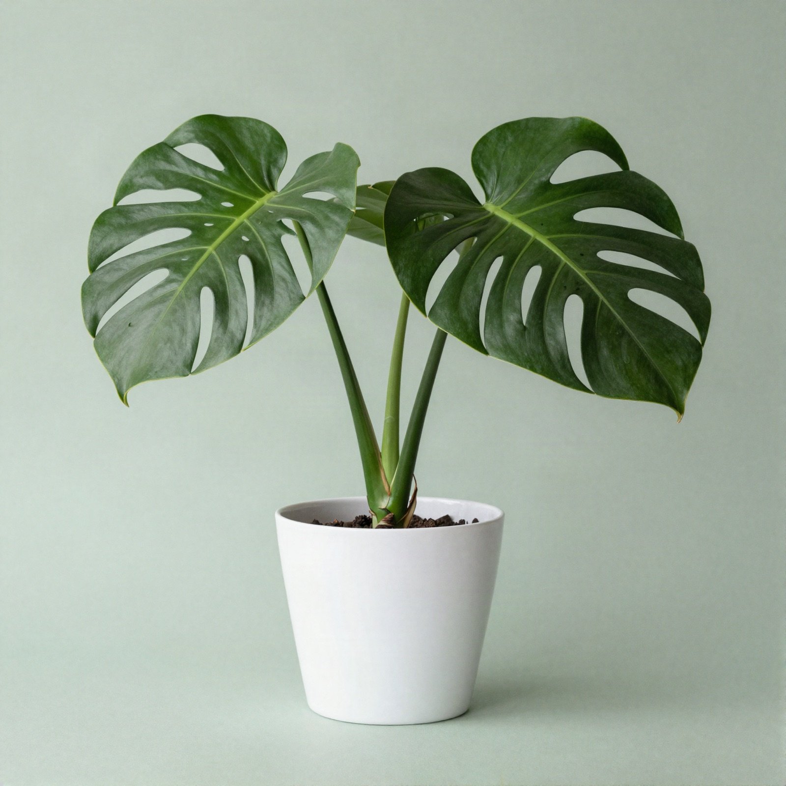 A monstera with large split leaves in a white ceramic pot