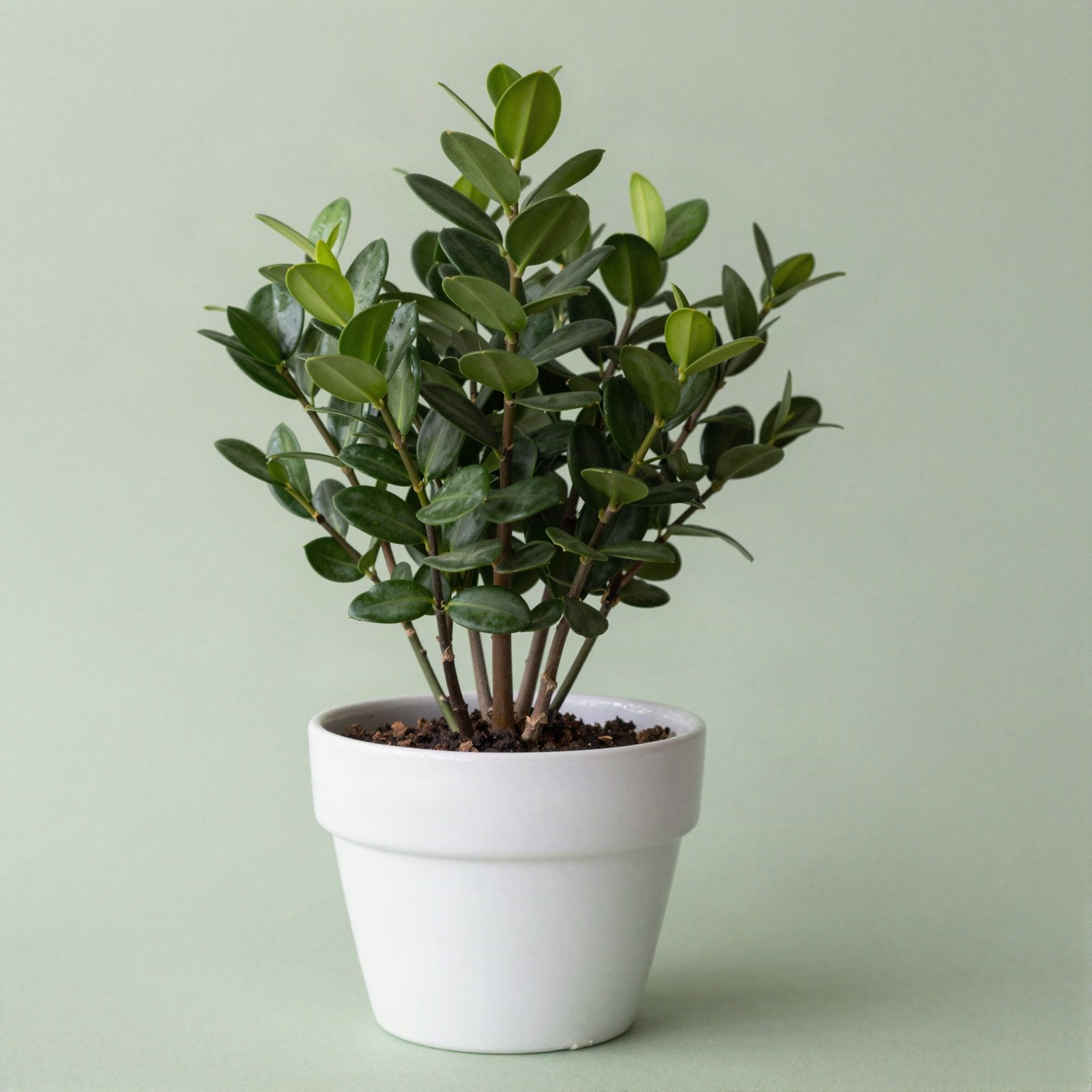 A ZZ plant with glossy green leaves in a white ceramic pot