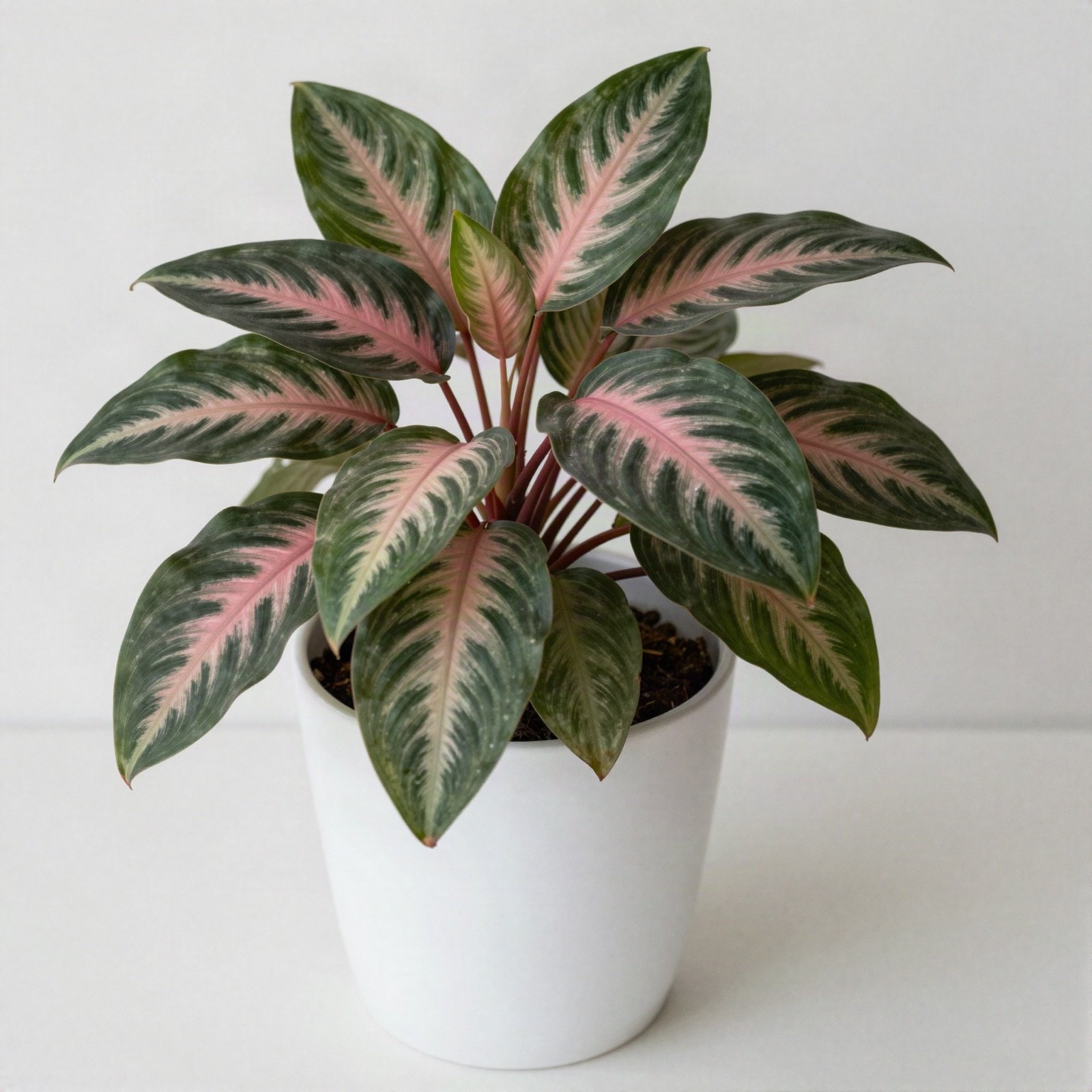 A calathea with pink and green striped leaves in a white ceramic pot