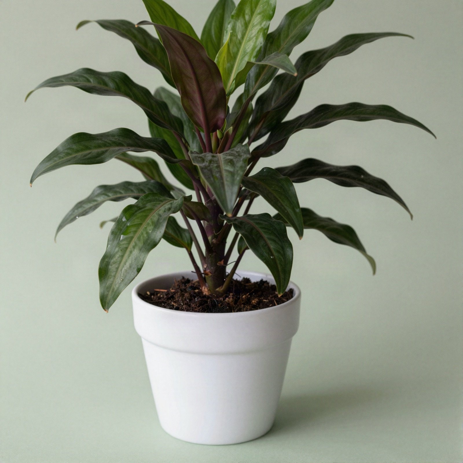 A calathea rufibarba with long wavy leaves in a white ceramic pot