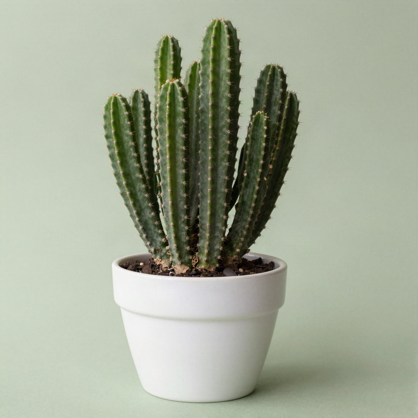 A columnar euphorbia succulent in a white ceramic pot
