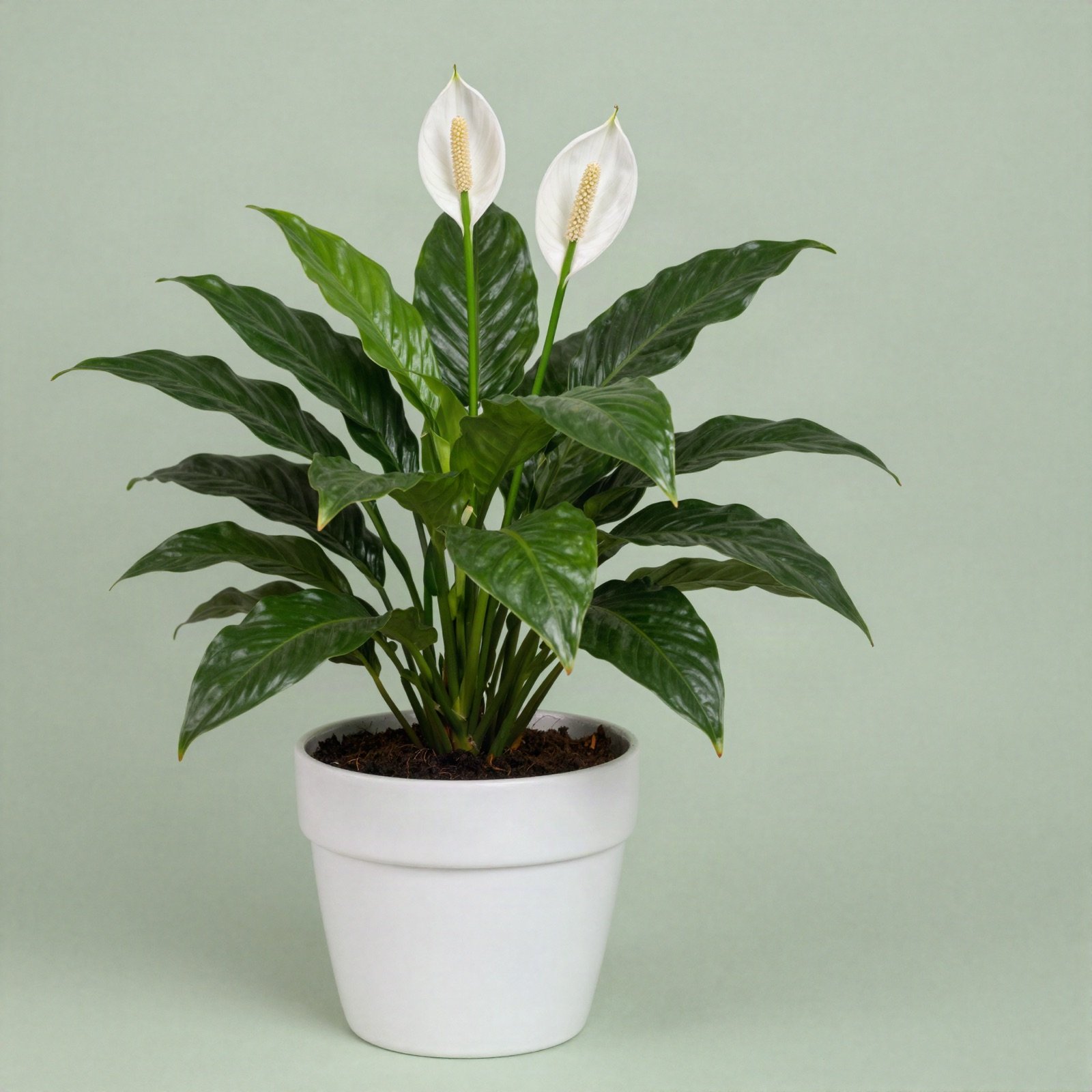 A peace lily with white flowers in a white ceramic pot