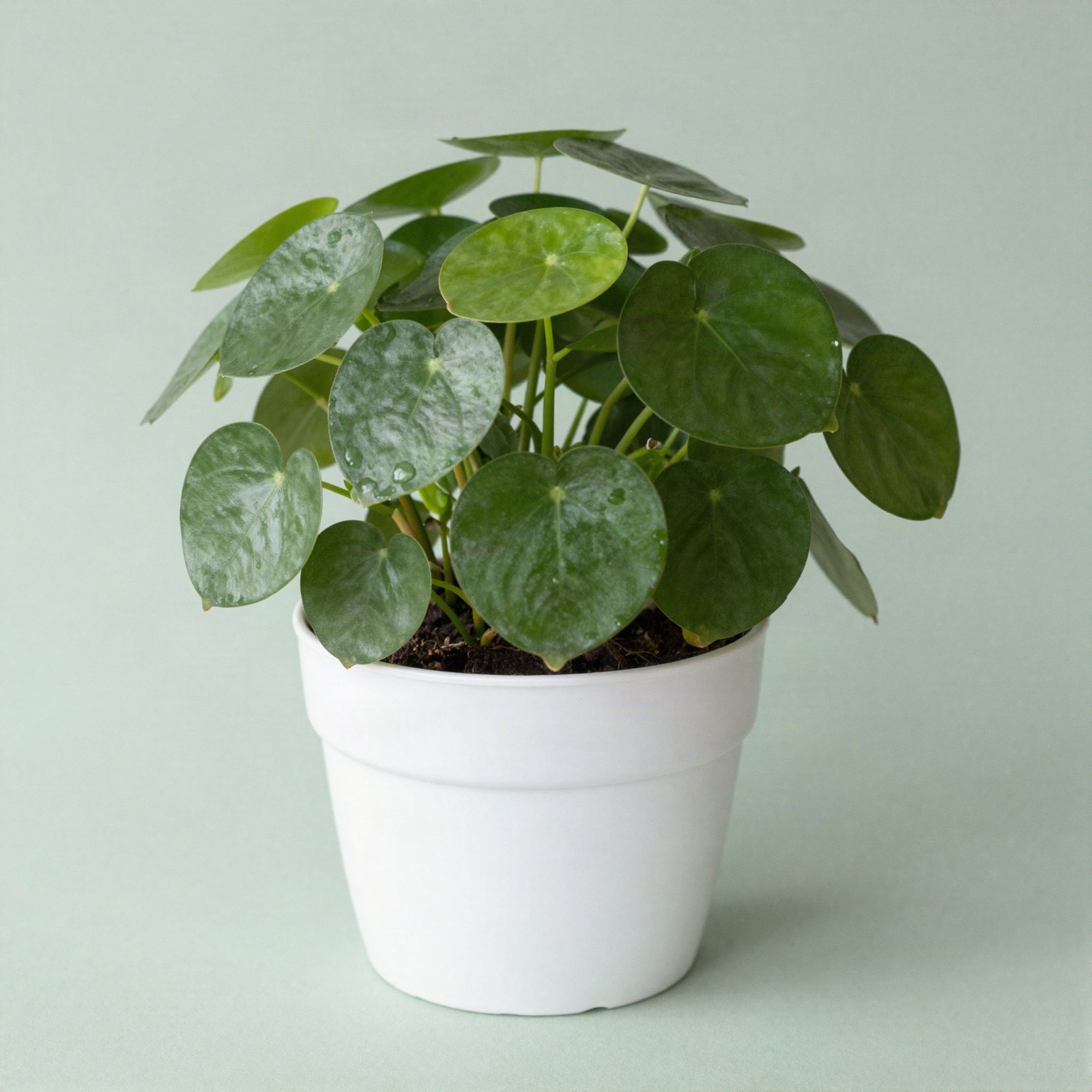 A pilea with round coin-shaped leaves in a white ceramic pot