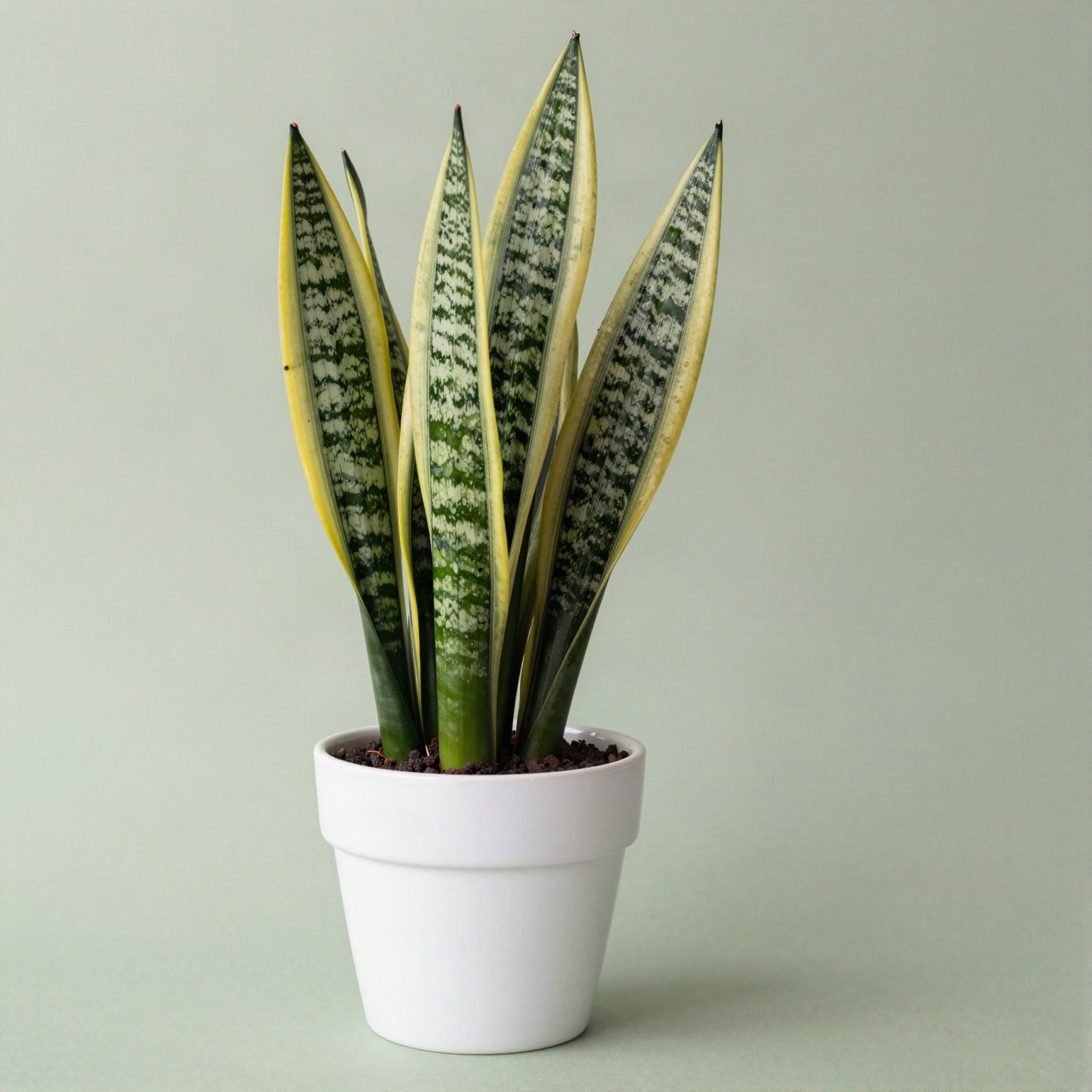 A snake plant with yellow-edged upright leaves in a white ceramic pot