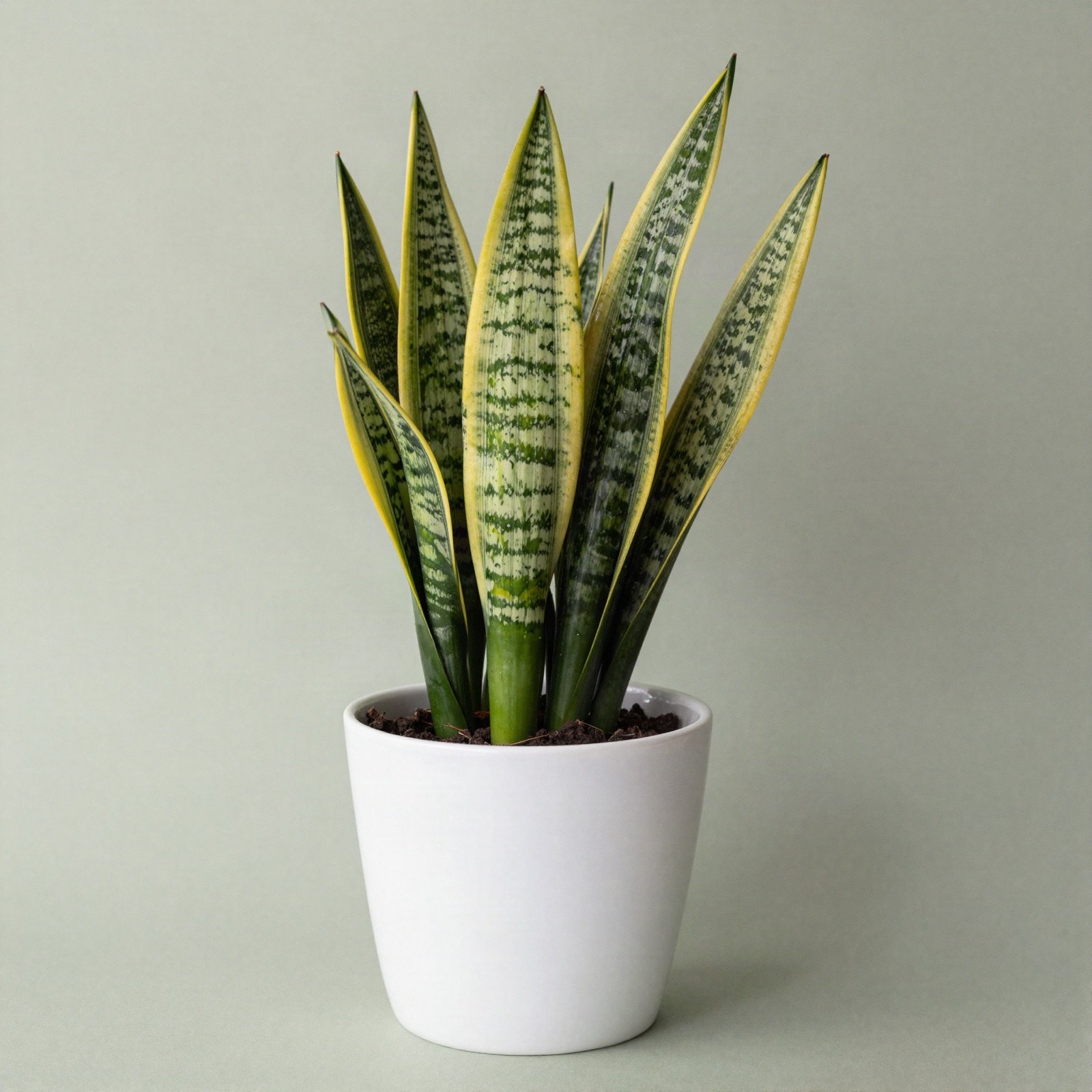 A snake plant with yellow and green banded leaves in a white ceramic pot