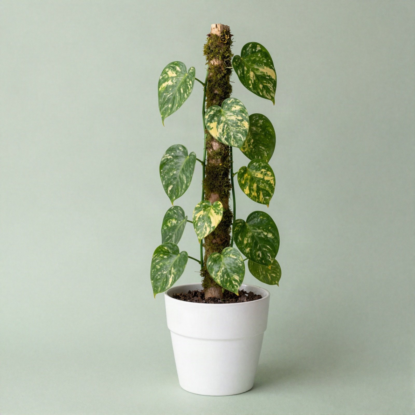 A golden pothos climbing a moss pole in a white ceramic pot