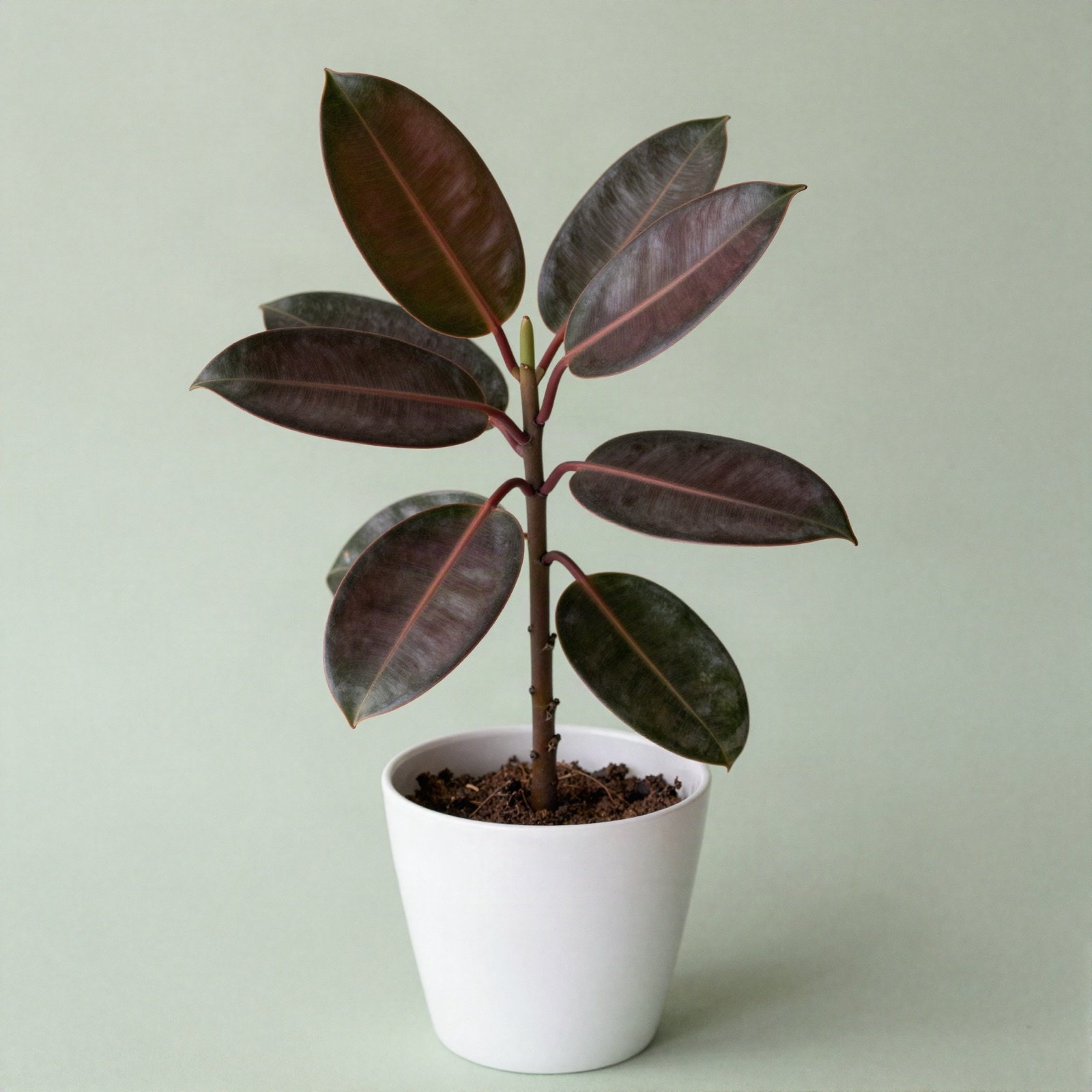 A rubber plant with wine red leaves in a white ceramic pot