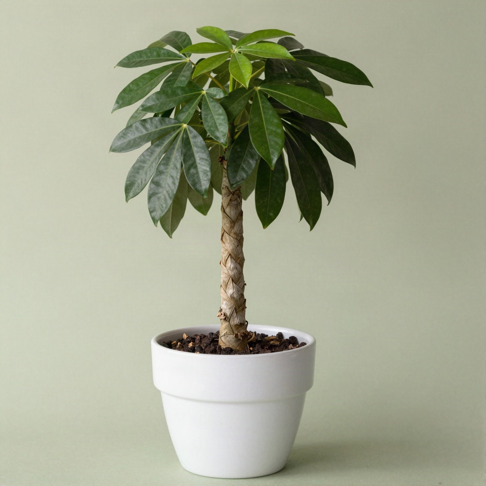 A money tree with a braided trunk in a white ceramic pot