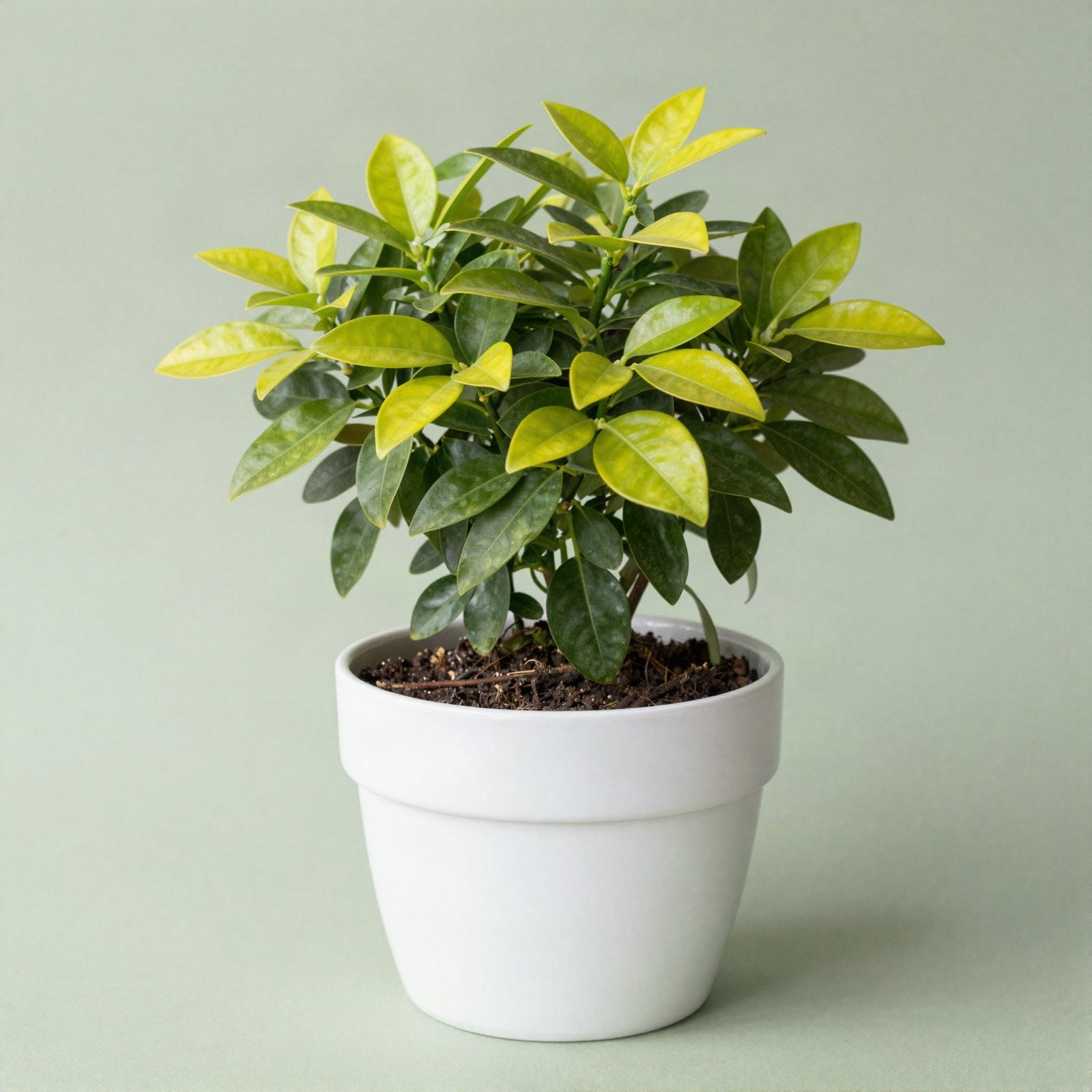 A bushy plant with bright lime green leaves in a white ceramic pot