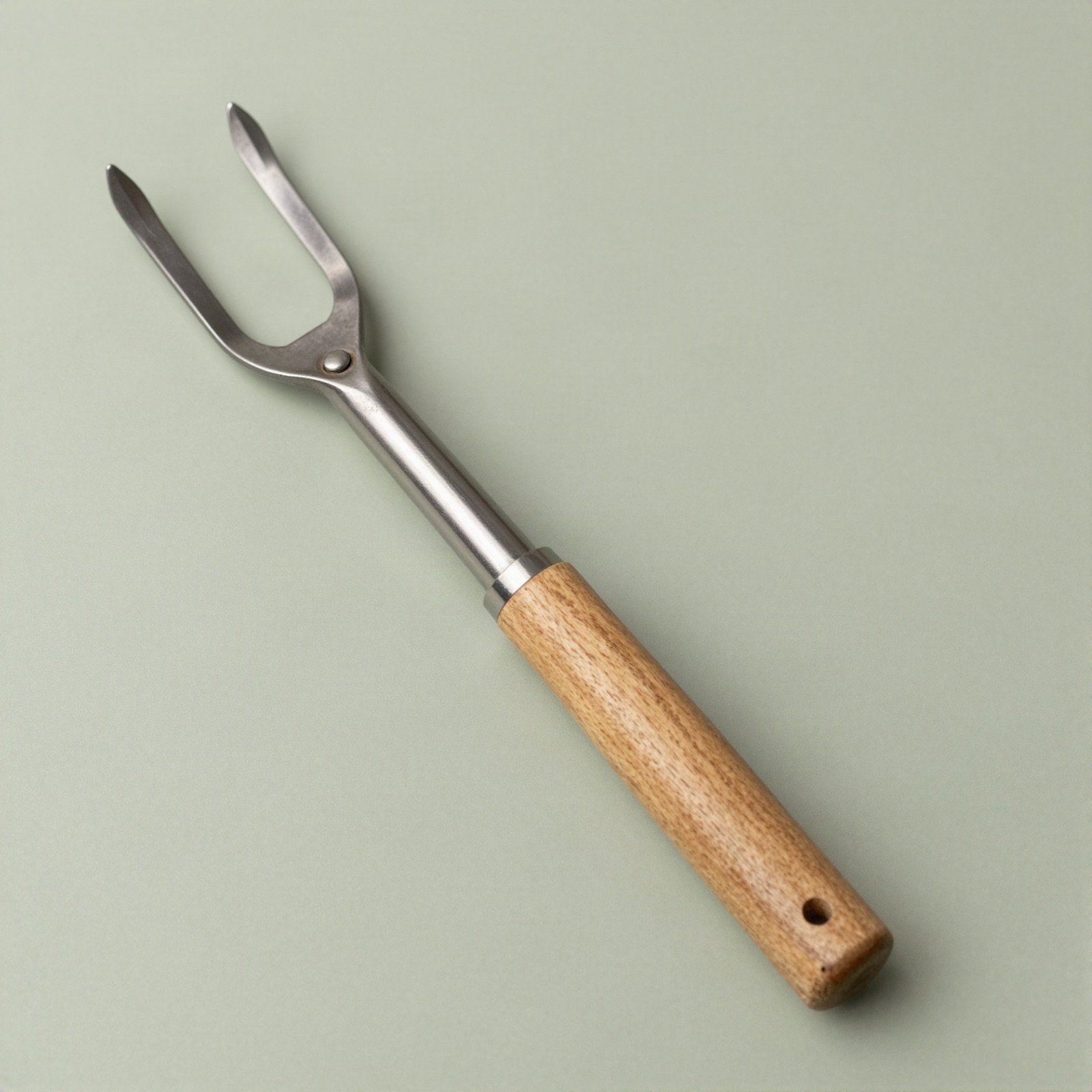 A hand weeder with a forked steel prong and wooden handle