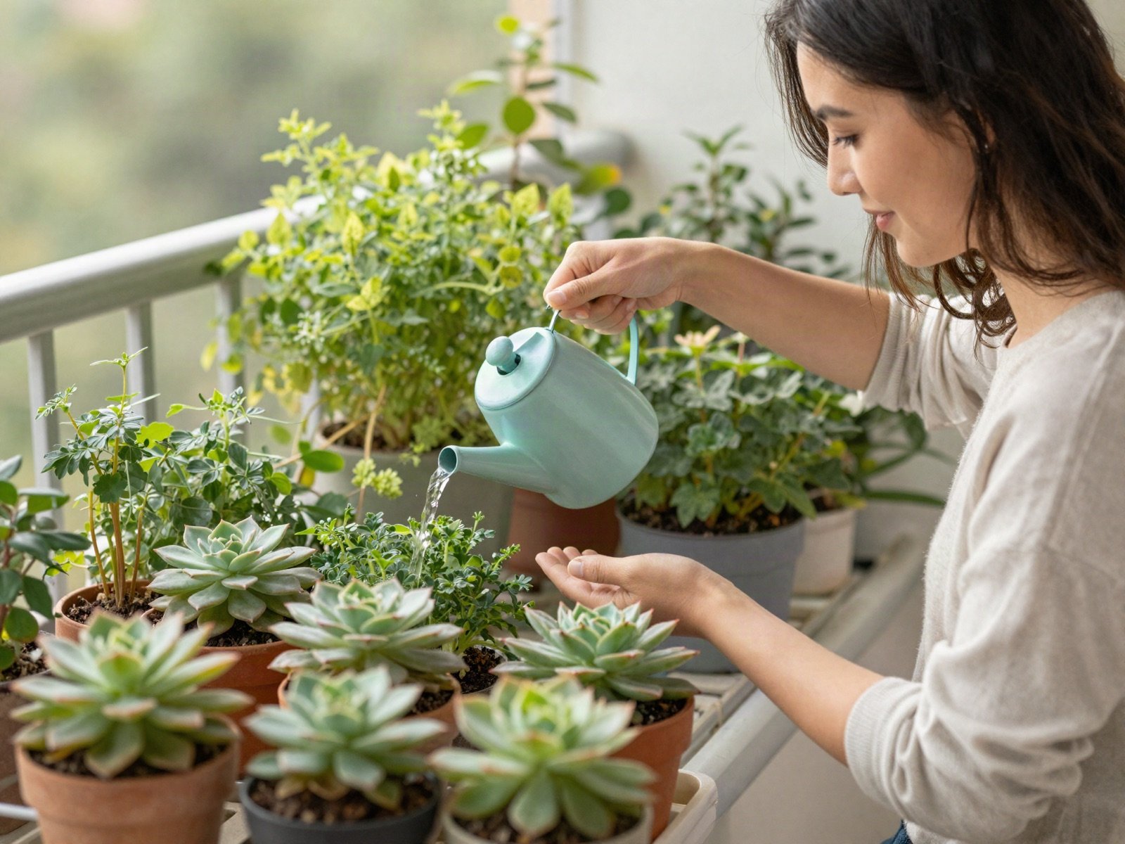 A woman watering potted succulents and herbs on a sunny balcony