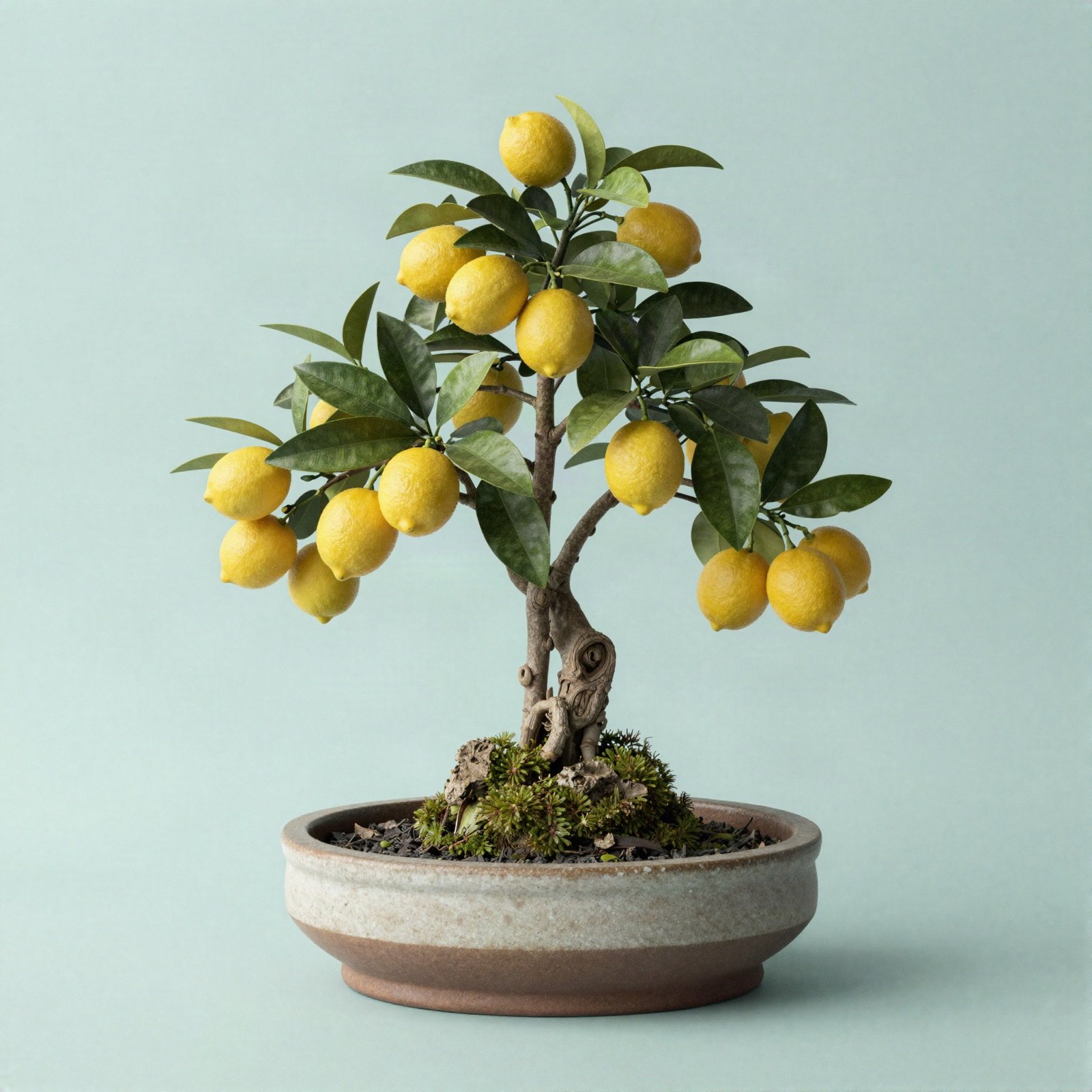 A lemon tree bonsai with ripe yellow lemons in a shallow ceramic pot